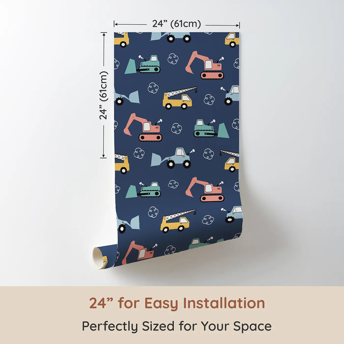 Dimension view of Whimsy Tots Mighty Machines Construction Wallpaper in Navy Blue (W3432C). Printed in 24-inch-wide panel for easy installation. Busy diggers and trucks roll across a navy-toned dream.