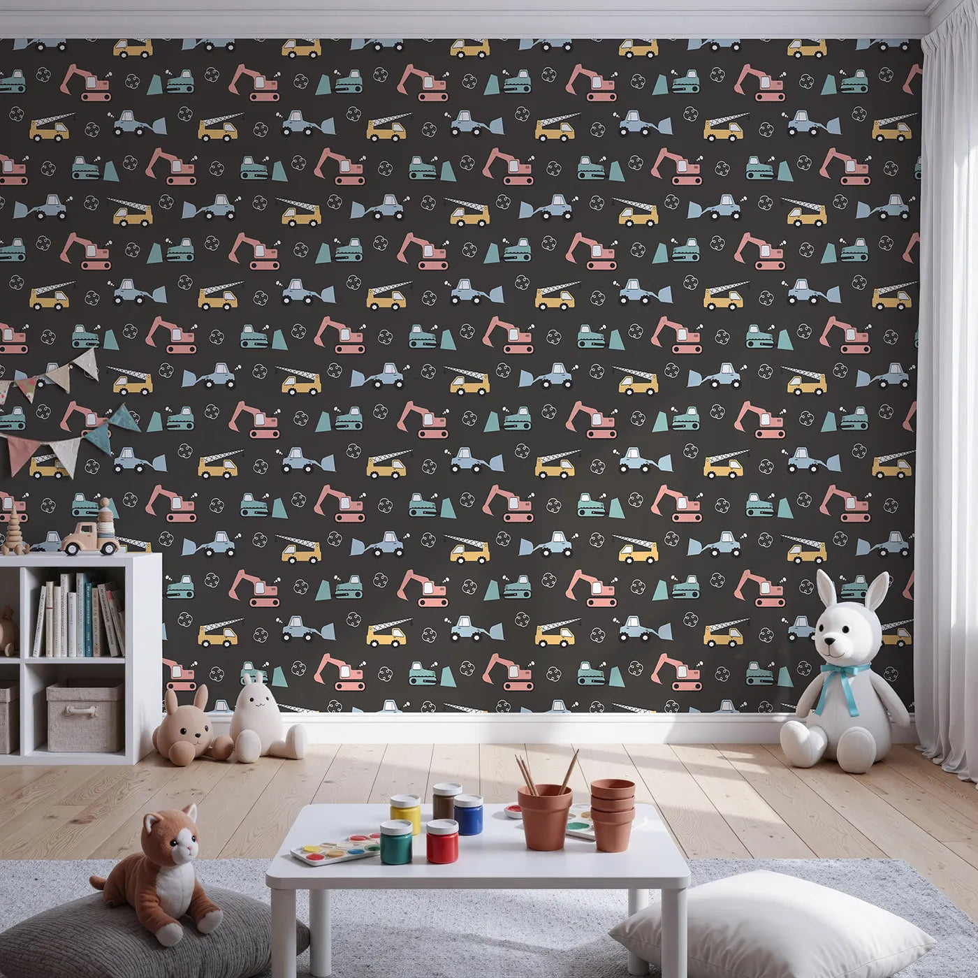 Front view of Whimsy Tots' Mighty Machines Construction Wallpaper in Charcoal Gray