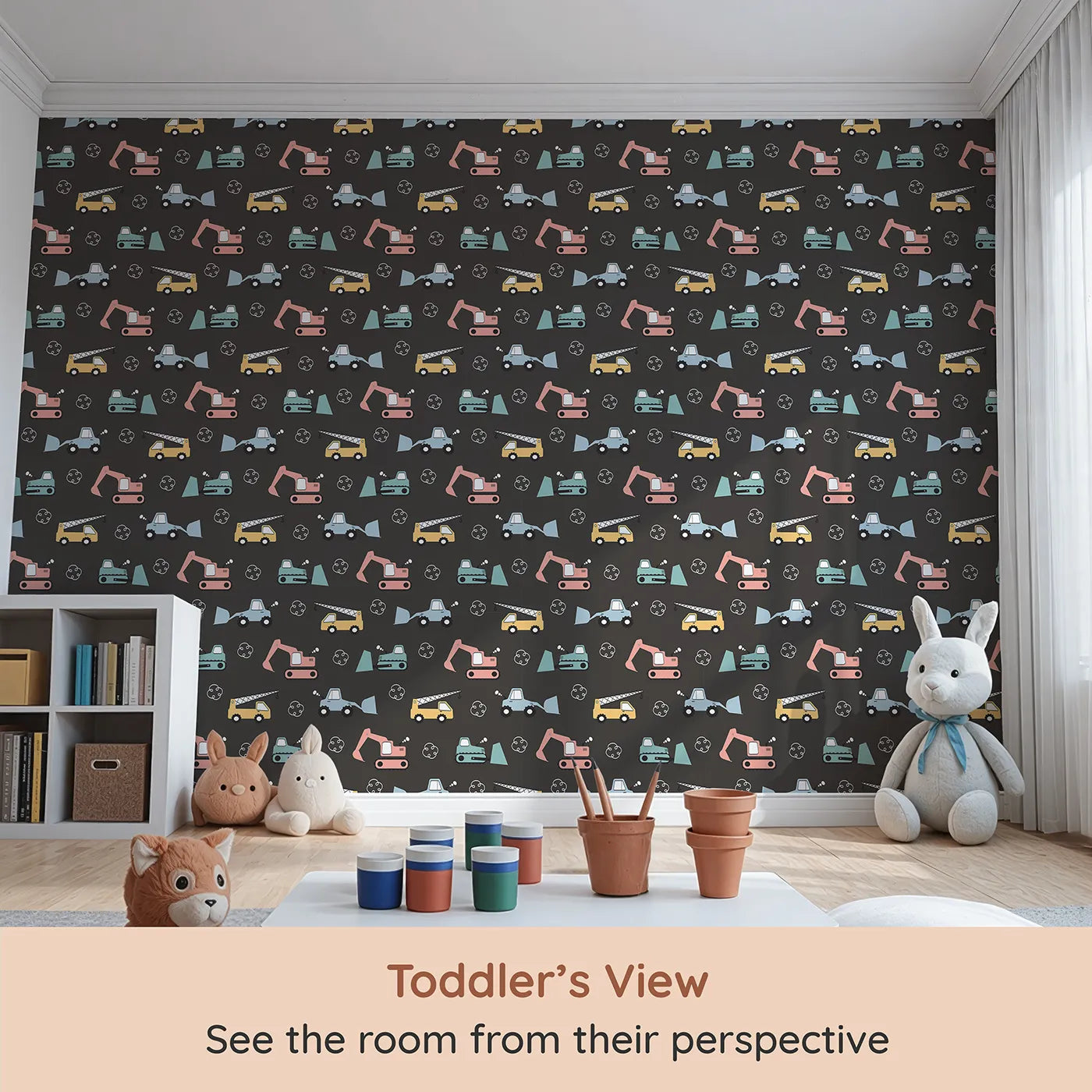 Whimsy Tots Mighty Machines Construction Wallpaper in Charcoal Gray (W3432D) from your child's view.Colorful machines pop against a deep charcoal backdrop.