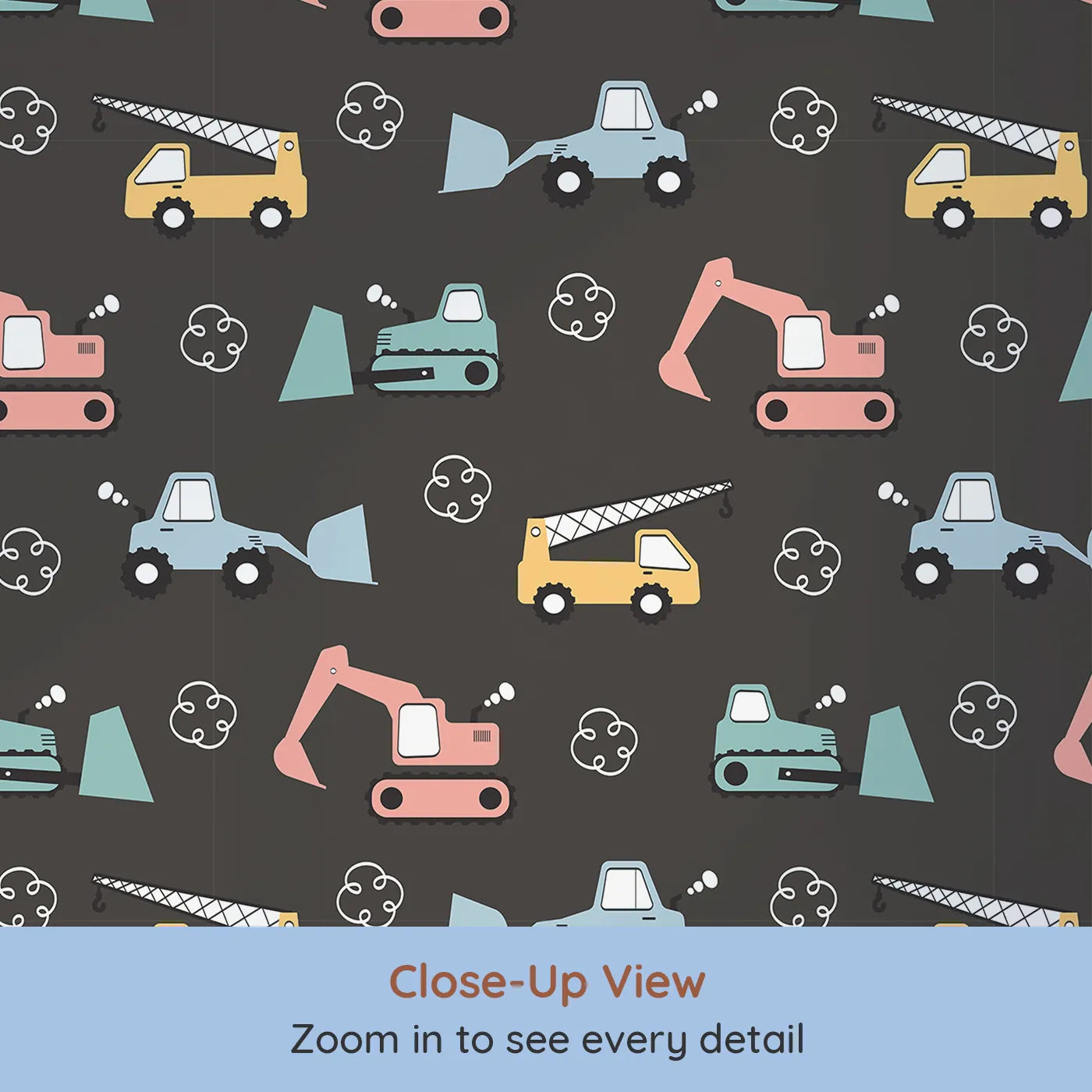 Close-up view of Whimsy Tots' Mighty Machines Construction Wallpaper in Charcoal Gray (W3432D).Colorful machines pop against a deep charcoal backdrop.