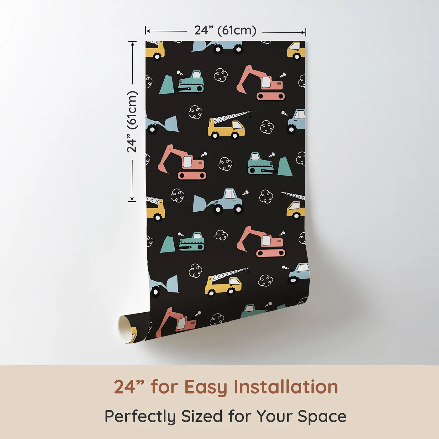 Dimension view of Whimsy Tots Mighty Machines Construction Wallpaper in Charcoal Gray (W3432D). Printed in 24-inch-wide panel for easy installation. Colorful machines pop against a deep charcoal backdrop.