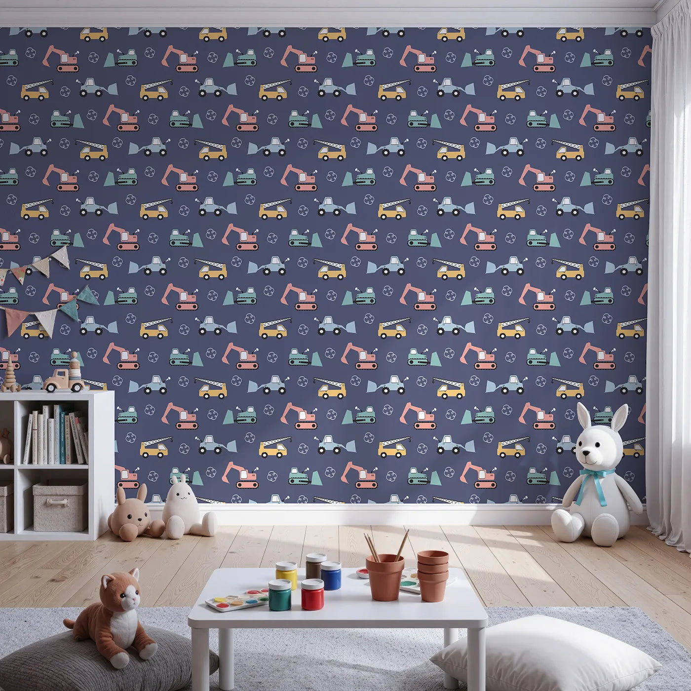 Front view of Whimsy Tots' Mighty Machines Construction Wallpaper in Denim