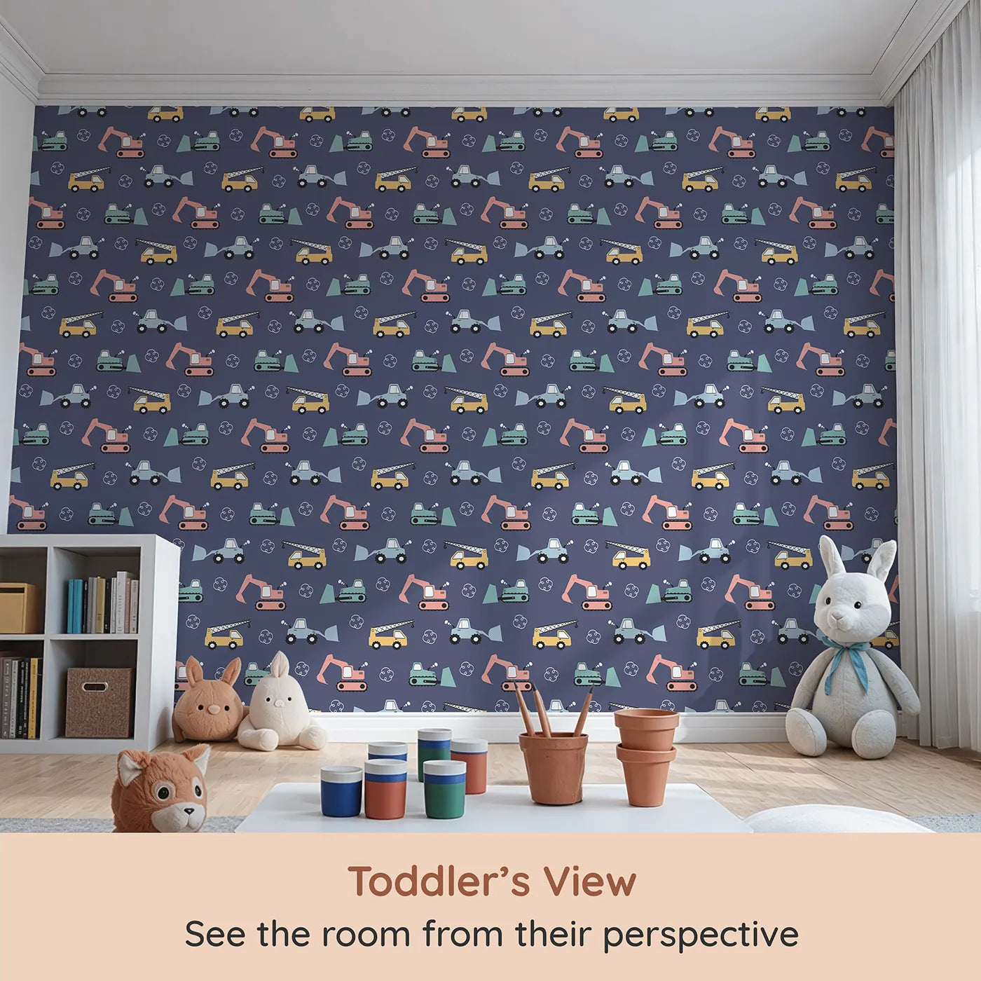 Whimsy Tots Mighty Machines Construction Wallpaper in Denim (W3432E) from your child's view.Friendly trucks and cranes roll across a denim blue scene.