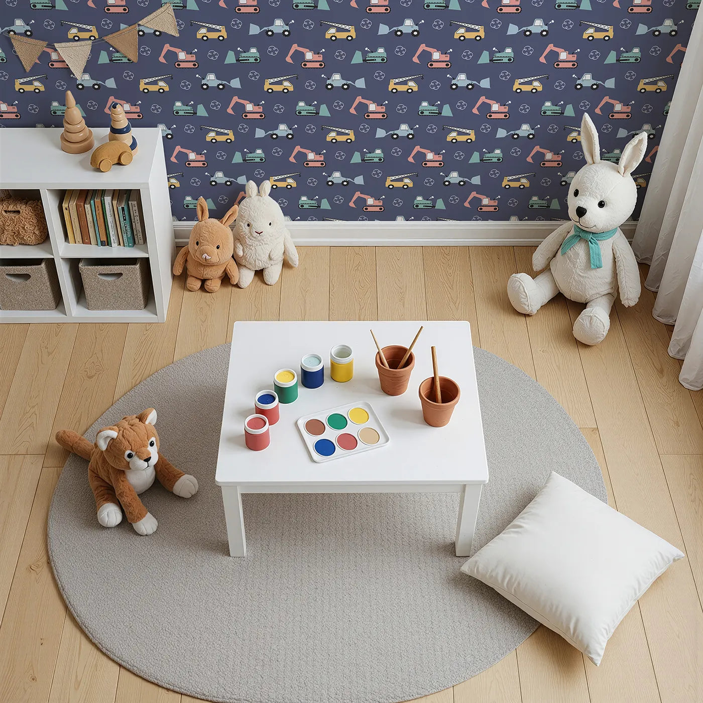 Top-Down view of Whimsy Tots' Mighty Machines Construction Wallpaper in Denim (W3432E).Friendly trucks and cranes roll across a denim blue scene.