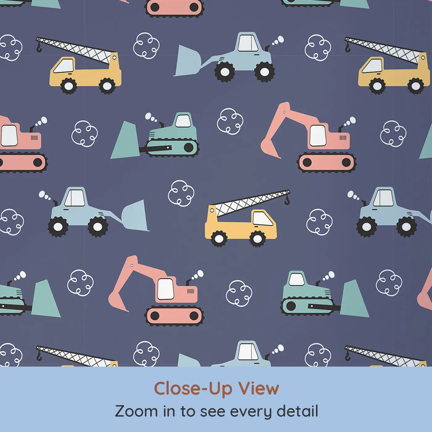 Close-up view of Whimsy Tots' Mighty Machines Construction Wallpaper in Denim (W3432E).Friendly trucks and cranes roll across a denim blue scene.