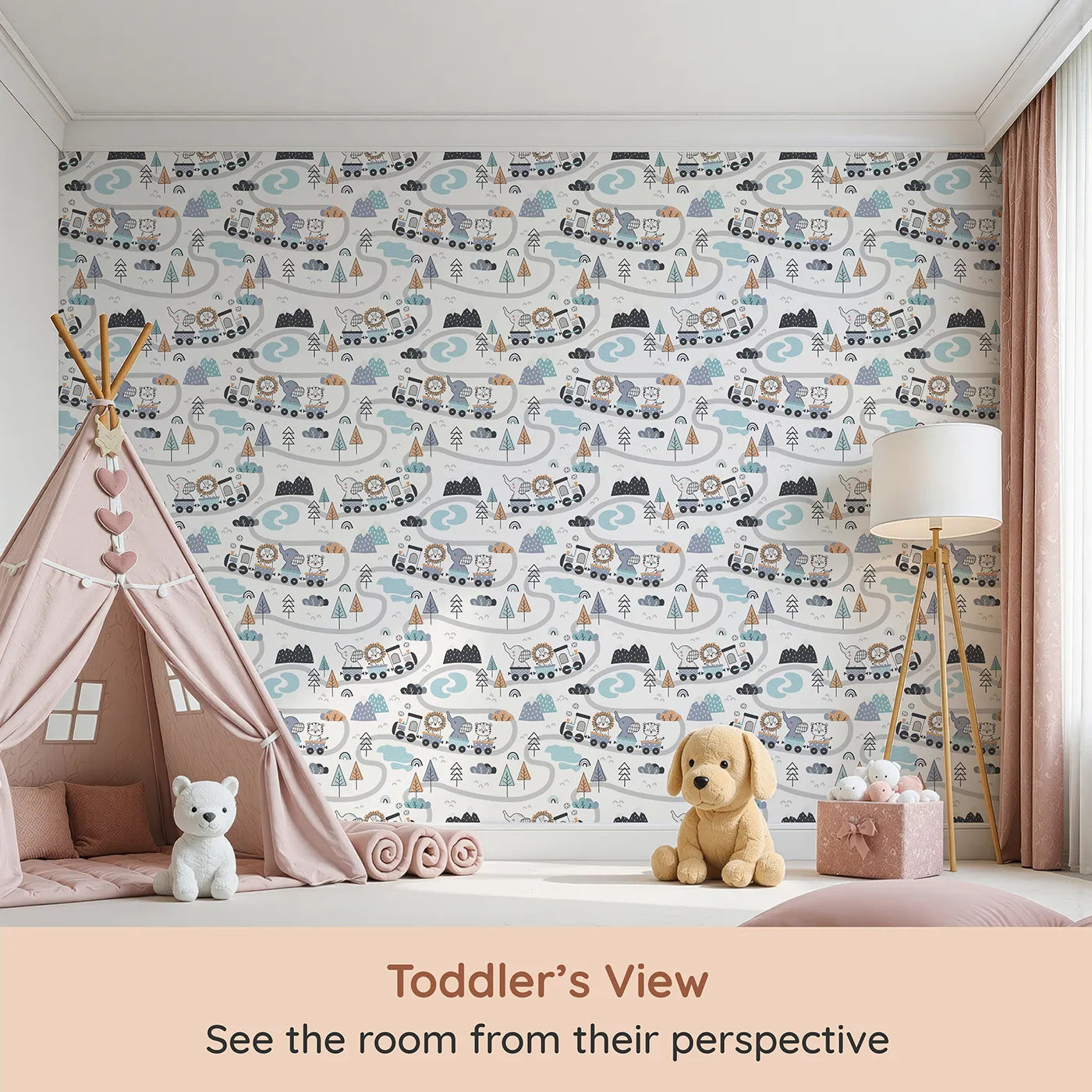 Whimsy Tots Animal Train Adventure Wallpaper in White (W3433A) from your child's view.Lions, elephants, and tigers ride the rails through a whimsical world.