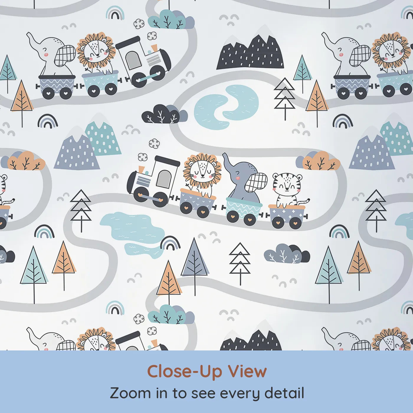 Close-up view of Whimsy Tots' Animal Train Adventure Wallpaper in White (W3433A).Lions, elephants, and tigers ride the rails through a whimsical world.