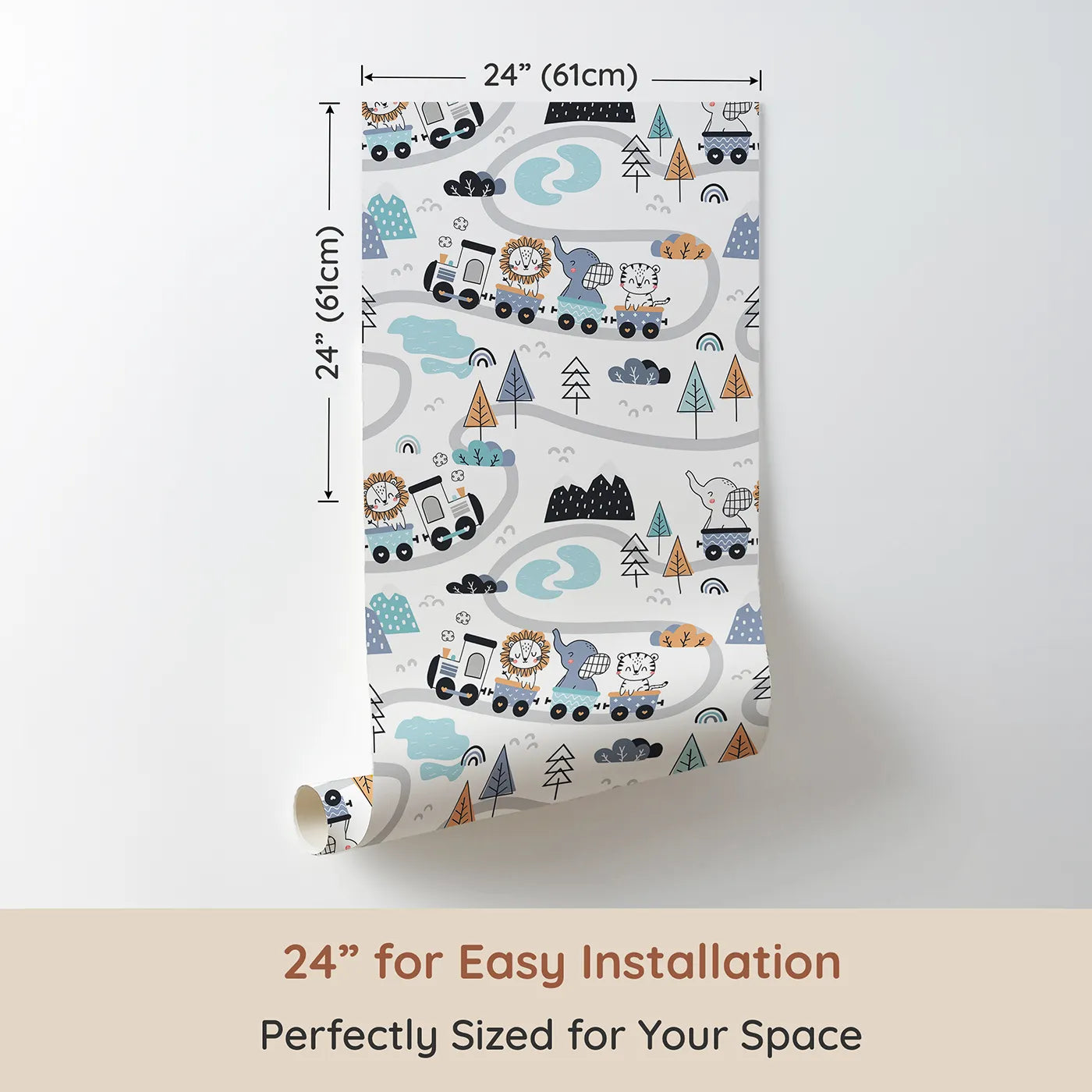 Dimension view of Whimsy Tots Animal Train Adventure Wallpaper in White (W3433A). Printed in 24-inch-wide panel for easy installation. Lions, elephants, and tigers ride the rails through a whimsical world.