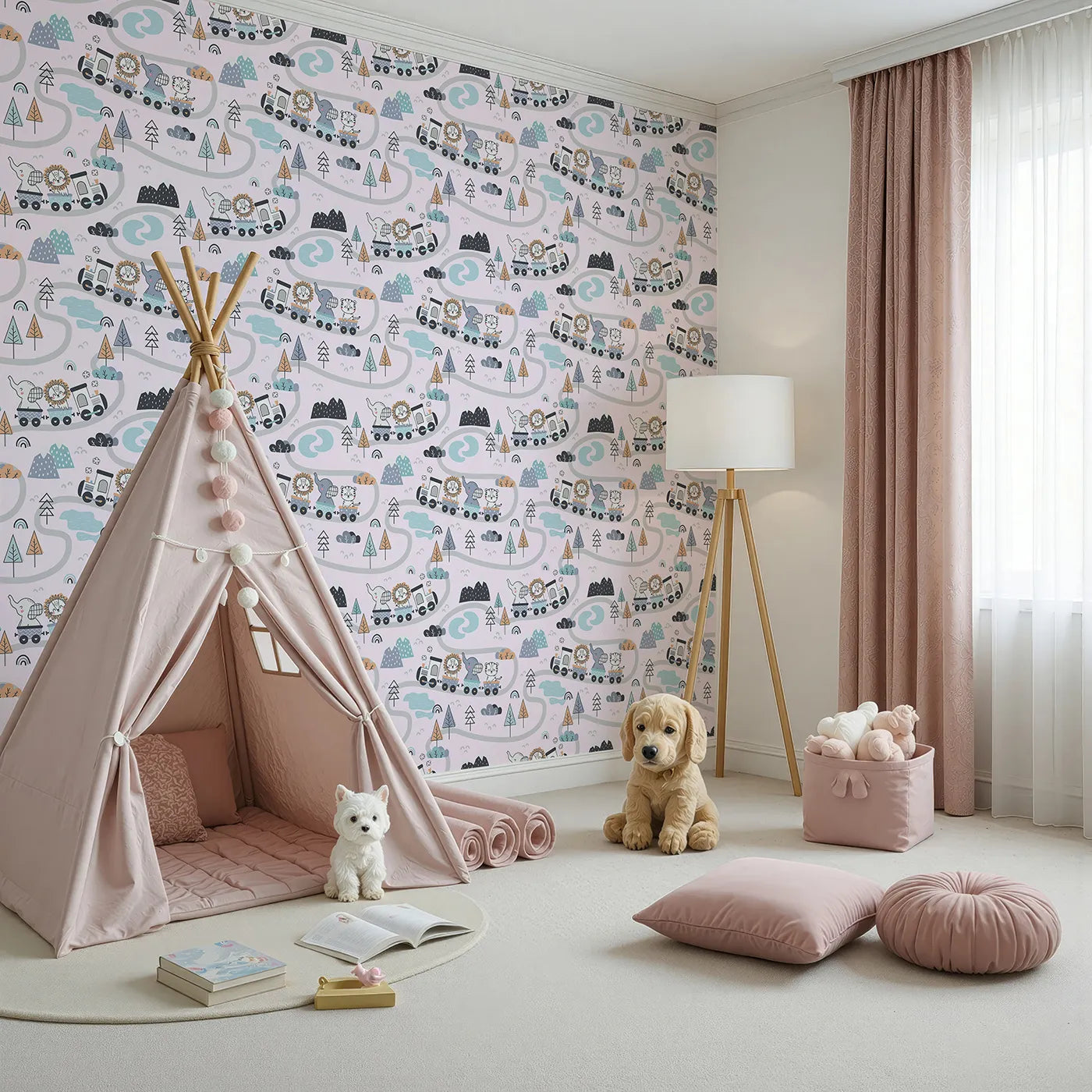 Angled view of Whimsy Tots' Animal Train Adventure Wallpaper in Blush Pink (W3433B).Cheerful creatures chug along soft pink tracks of joy.