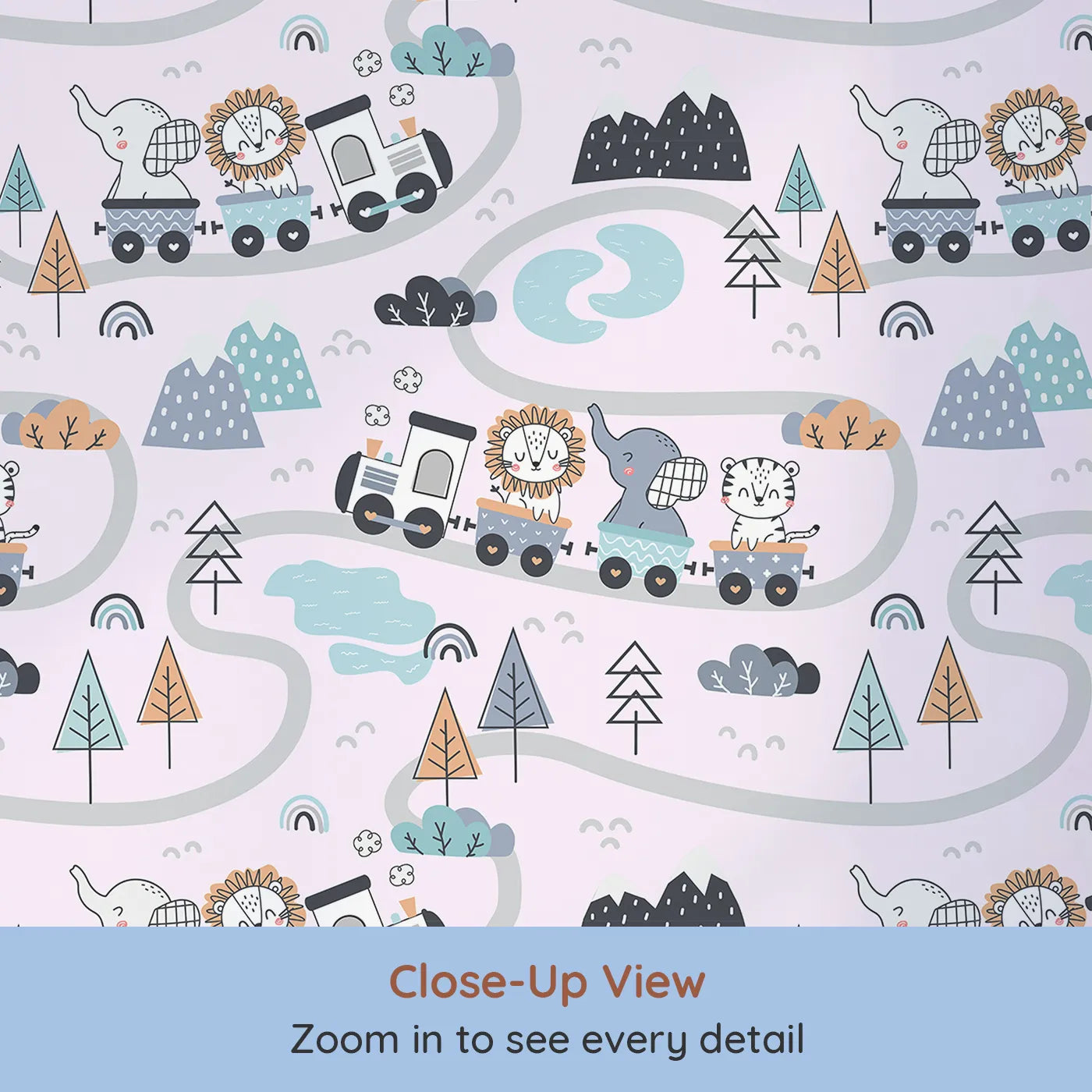 Close-up view of Whimsy Tots' Animal Train Adventure Wallpaper in Blush Pink (W3433B).Cheerful creatures chug along soft pink tracks of joy.