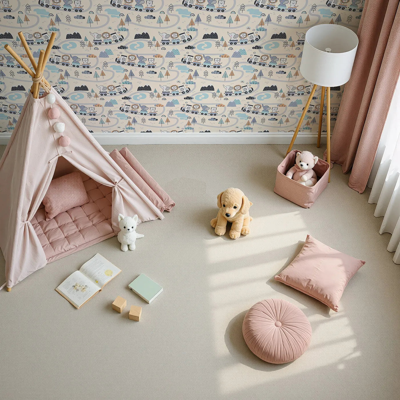 Top-Down view of Whimsy Tots' Animal Train Adventure Wallpaper in Sand (W3433C).Charming animals ride a toy train across a sandy wonderland.