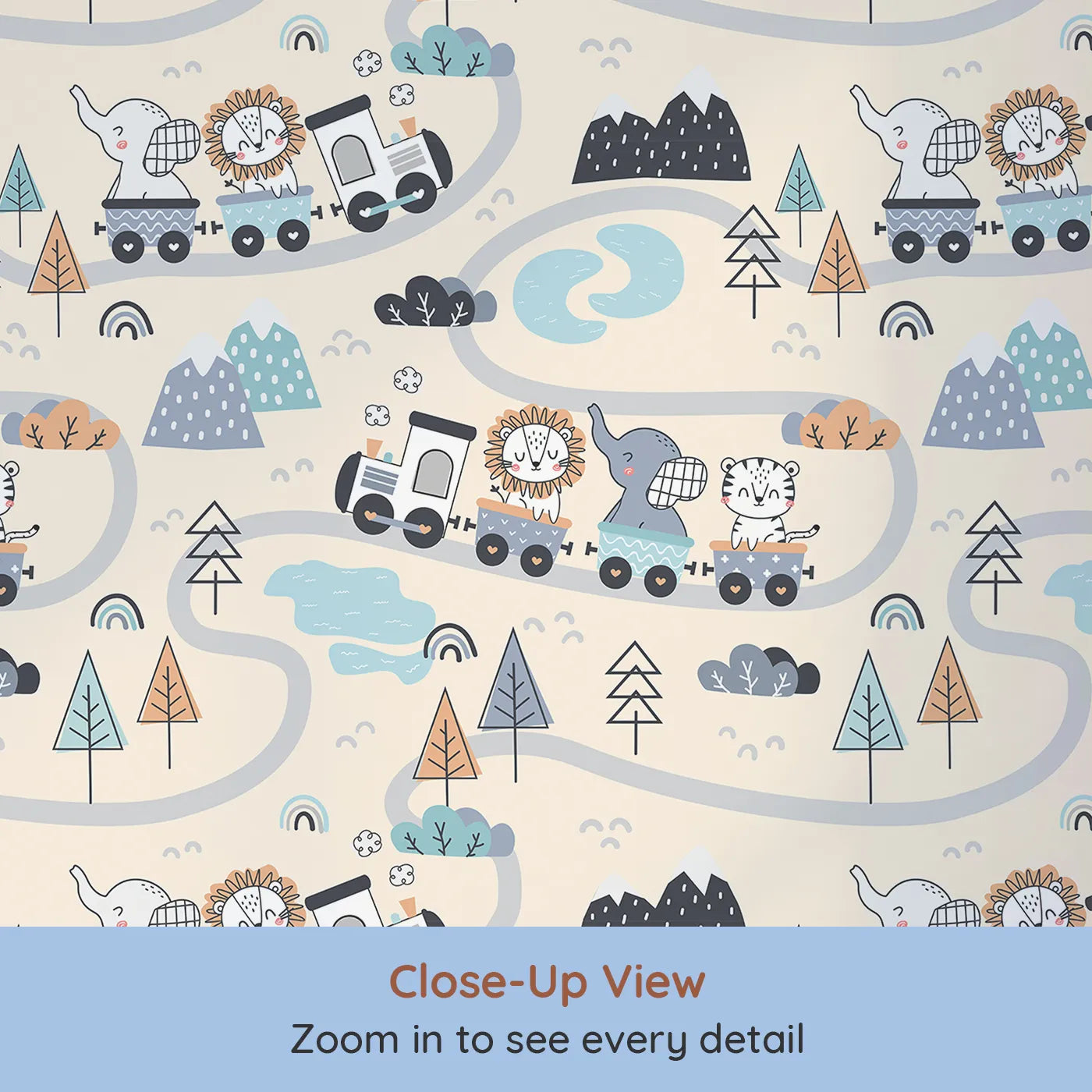 Close-up view of Whimsy Tots' Animal Train Adventure Wallpaper in Sand (W3433C).Charming animals ride a toy train across a sandy wonderland.