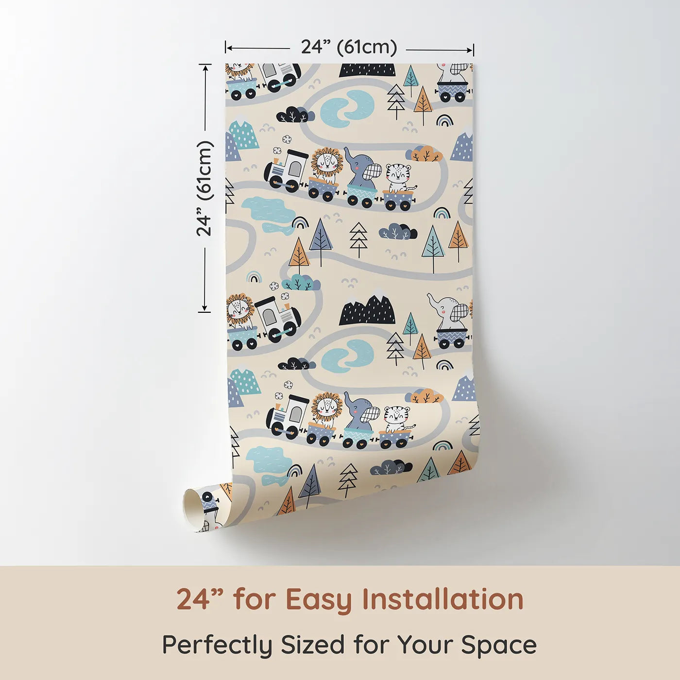 Dimension view of Whimsy Tots Animal Train Adventure Wallpaper in Sand (W3433C). Printed in 24-inch-wide panel for easy installation. Charming animals ride a toy train across a sandy wonderland.