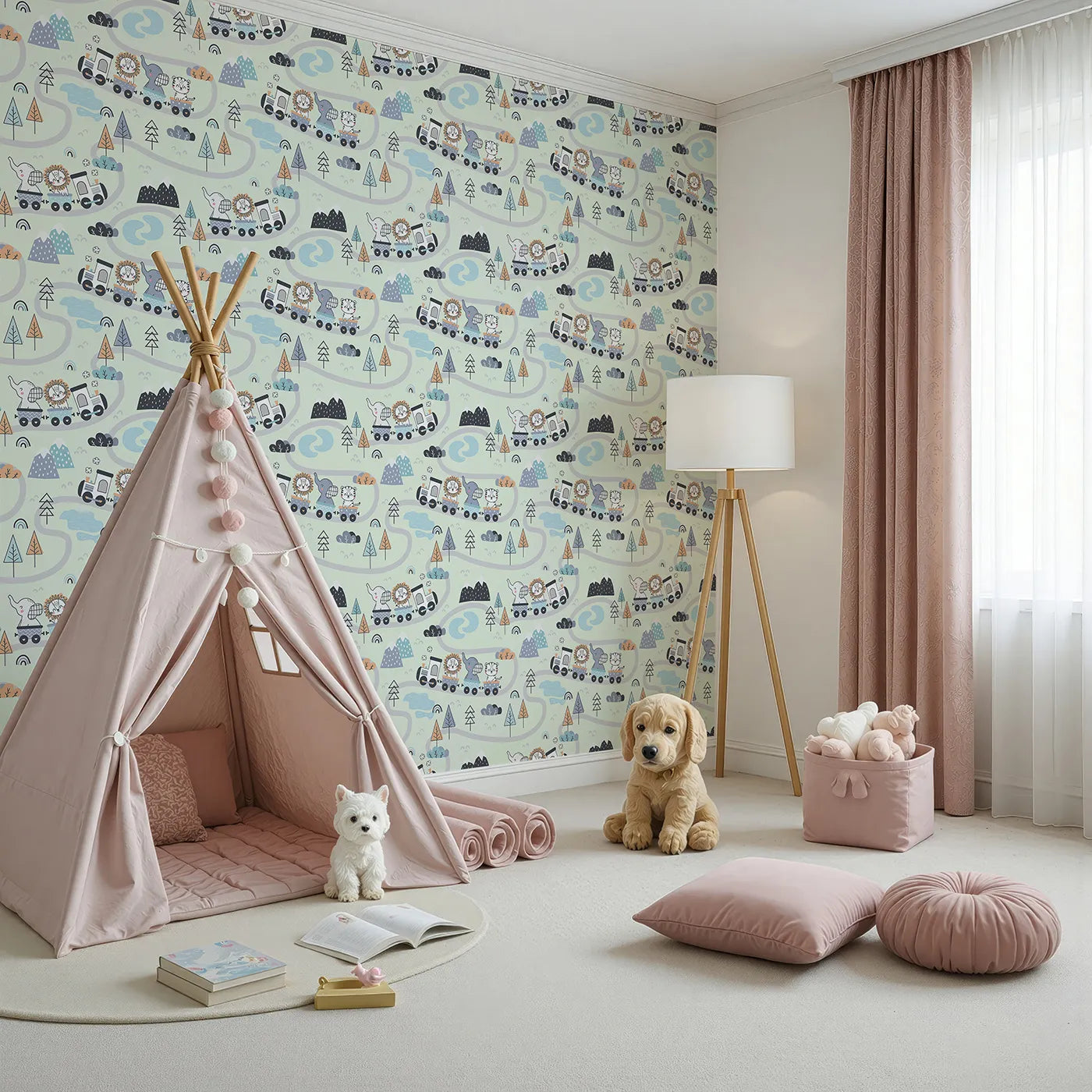 Angled view of Whimsy Tots' Animal Train Adventure Wallpaper in Mint Green (W3433D).Joyful animals roll along pastel rails through dreamy green hills.