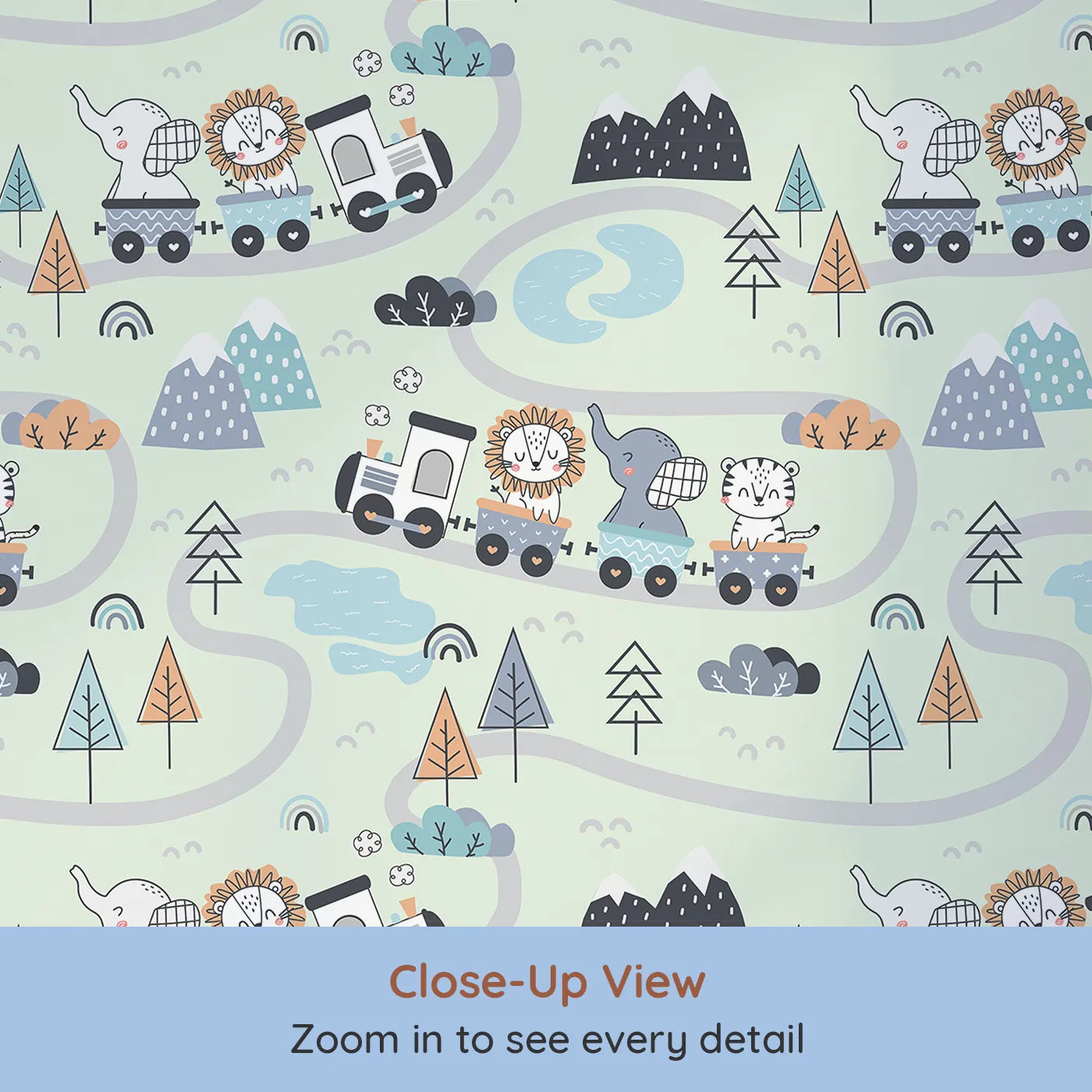 Close-up view of Whimsy Tots' Animal Train Adventure Wallpaper in Mint Green (W3433D).Joyful animals roll along pastel rails through dreamy green hills.