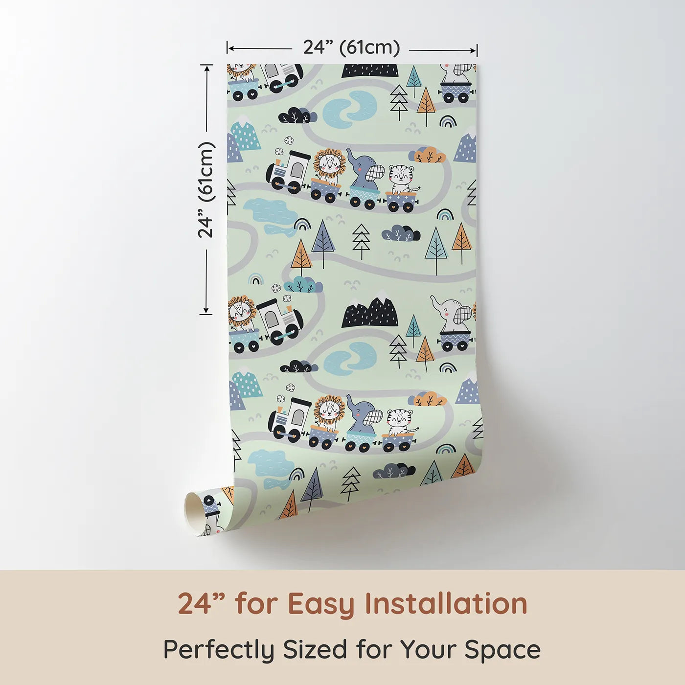 Dimension view of Whimsy Tots Animal Train Adventure Wallpaper in Mint Green (W3433D). Printed in 24-inch-wide panel for easy installation. Joyful animals roll along pastel rails through dreamy green hills.