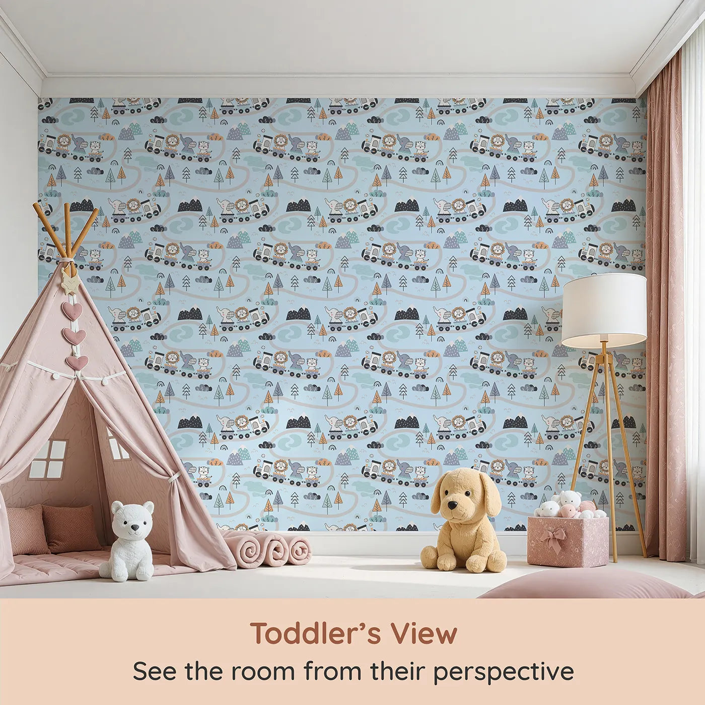 Whimsy Tots Animal Train Adventure Wallpaper in Blue (W3433E) from your child's view.Friendly animals roll along pastel tracks through a cool blue dreamland.