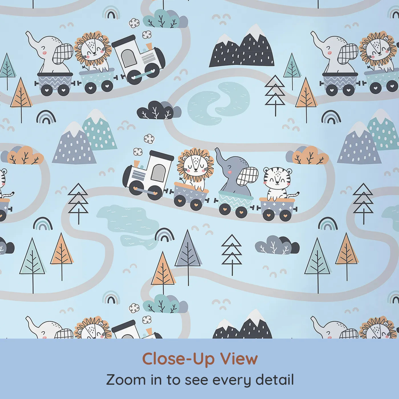 Close-up view of Whimsy Tots' Animal Train Adventure Wallpaper in Blue (W3433E).Friendly animals roll along pastel tracks through a cool blue dreamland.