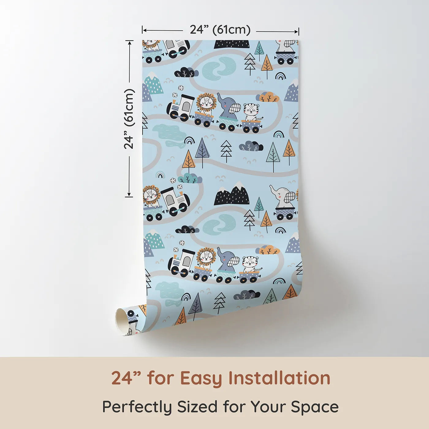 Dimension view of Whimsy Tots Animal Train Adventure Wallpaper in Blue (W3433E). Printed in 24-inch-wide panel for easy installation. Friendly animals roll along pastel tracks through a cool blue dreamland.