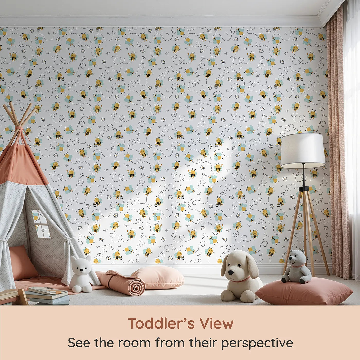 Whimsy Tots Busy Bees at Play Wallpaper in White (W3434A) from your child's view.Smiling bees fly across soft white skies, full of flowers and fun.
