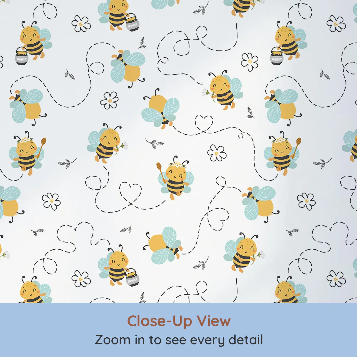 Close-up view of Whimsy Tots' Busy Bees at Play Wallpaper in White (W3434A).Smiling bees fly across soft white skies, full of flowers and fun.