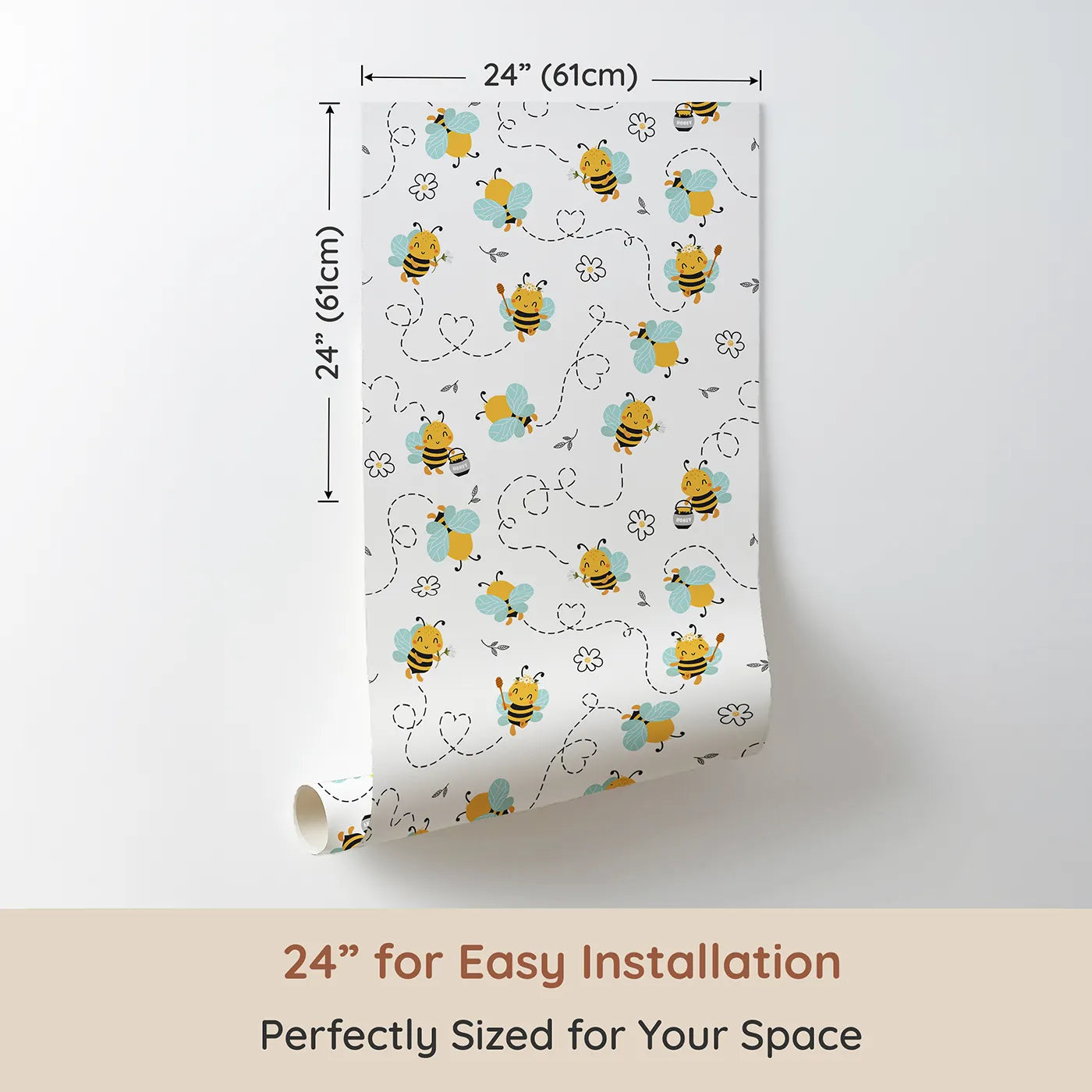 Dimension view of Whimsy Tots Busy Bees at Play Wallpaper in White (W3434A). Printed in 24-inch-wide panel for easy installation. Smiling bees fly across soft white skies, full of flowers and fun.