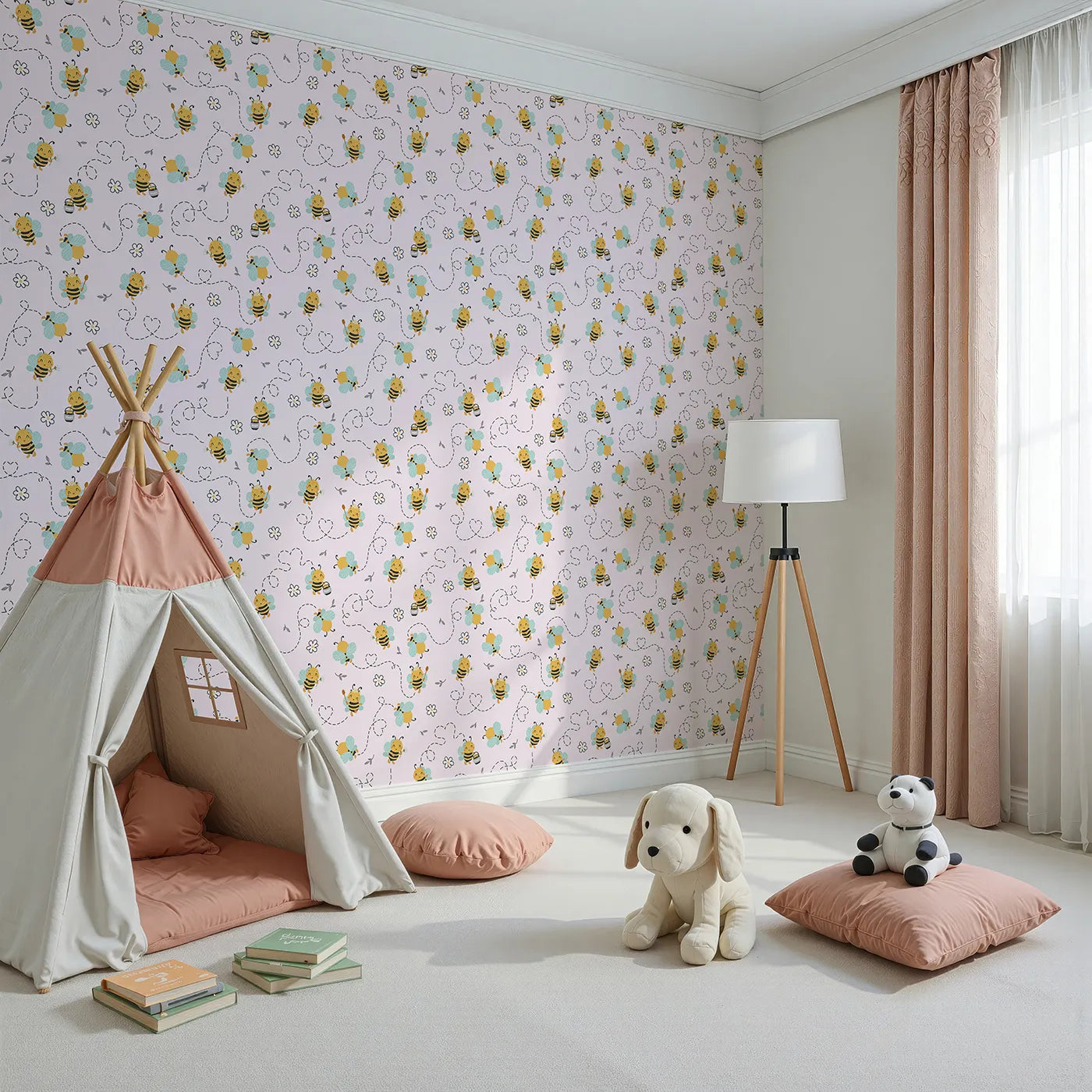 Angled view of Whimsy Tots' Busy Bees at Play Wallpaper in Blush Pink (W3434B).Happy bees twirl across a soft pink sky, full of flowers and joy.