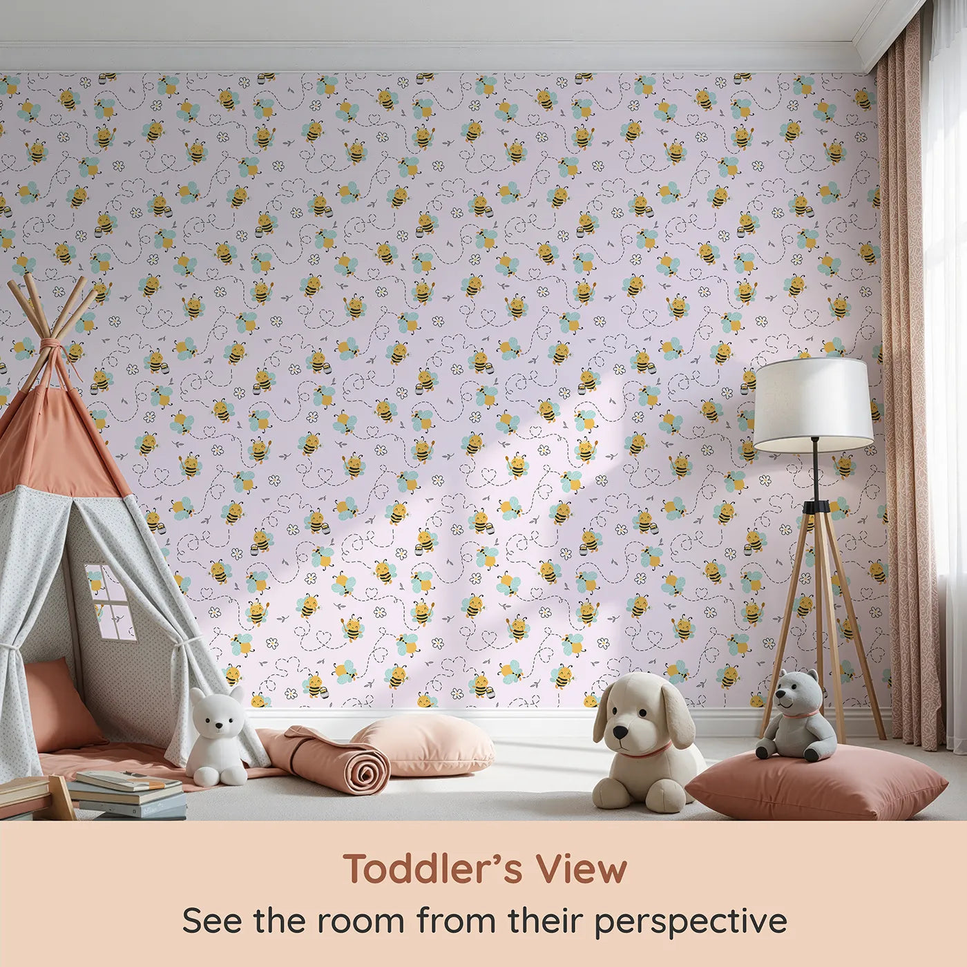 Whimsy Tots Busy Bees at Play Wallpaper in Blush Pink (W3434B) from your child's view.Happy bees twirl across a soft pink sky, full of flowers and joy.