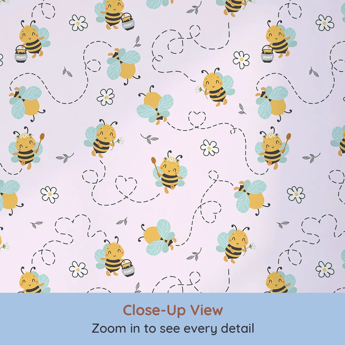 Close-up view of Whimsy Tots' Busy Bees at Play Wallpaper in Blush Pink (W3434B).Happy bees twirl across a soft pink sky, full of flowers and joy.