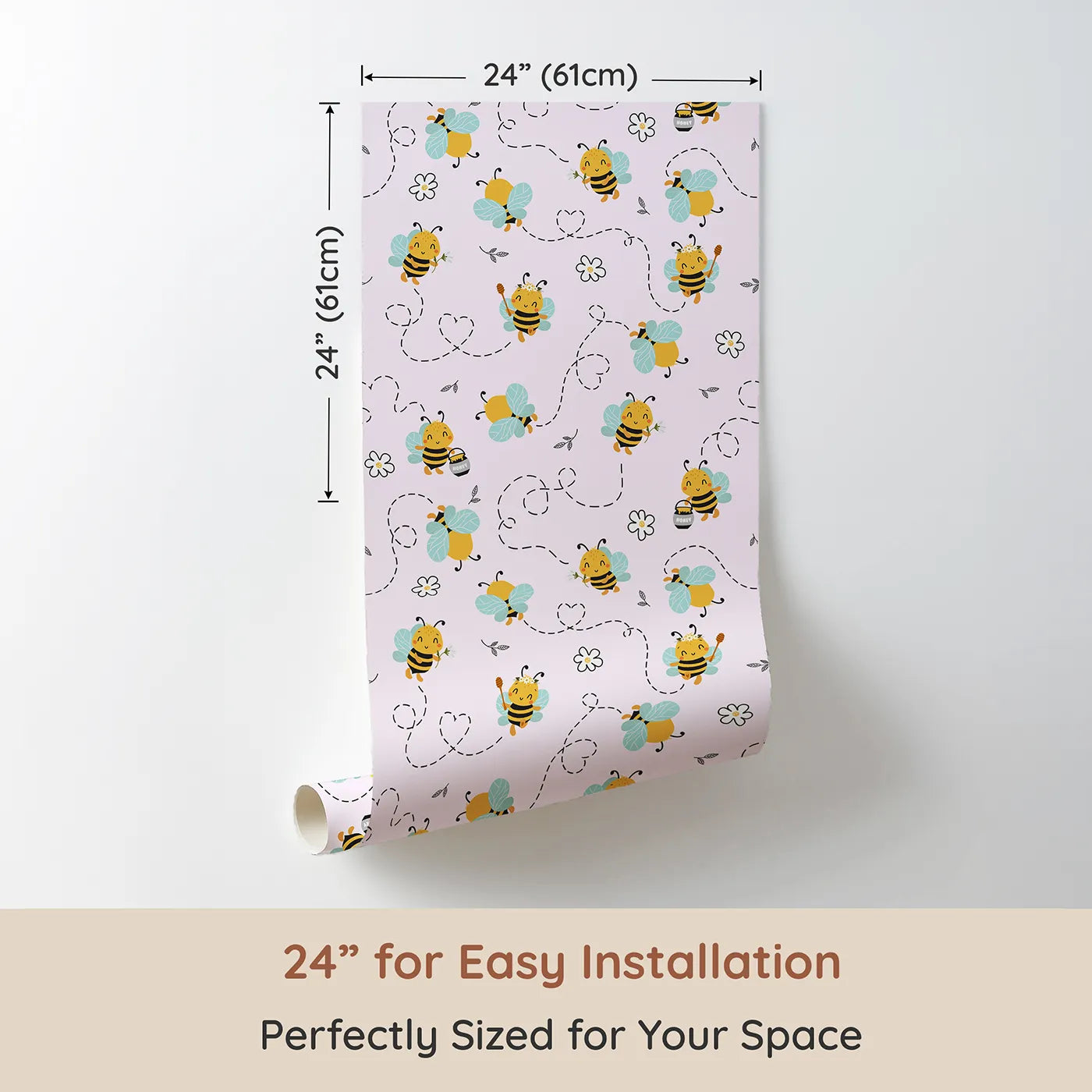 Dimension view of Whimsy Tots Busy Bees at Play Wallpaper in Blush Pink (W3434B). Printed in 24-inch-wide panel for easy installation. Happy bees twirl across a soft pink sky, full of flowers and joy.