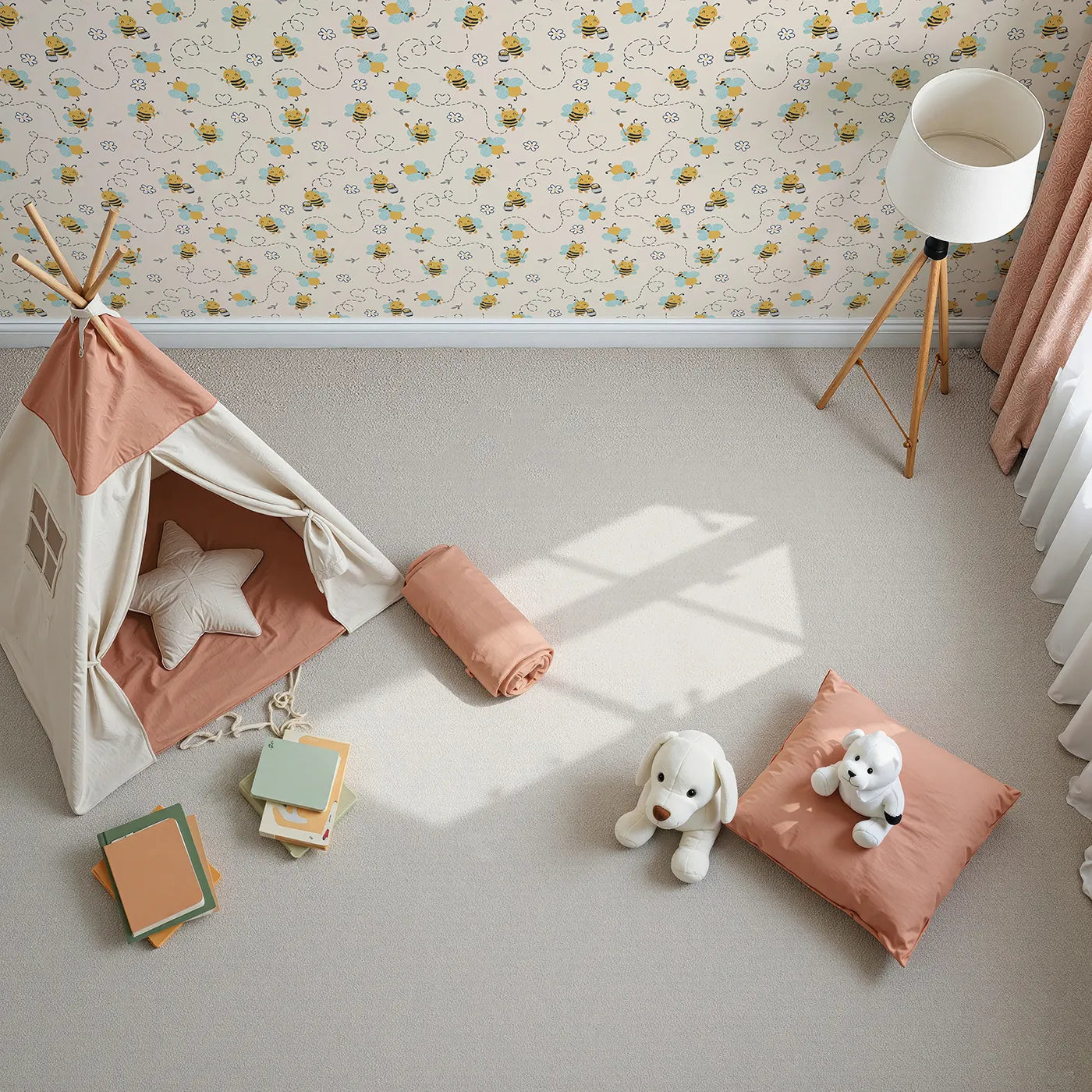 Top-Down view of Whimsy Tots' Busy Bees at Play Wallpaper in Sand (W3434C).Friendly bees buzz across a sandy sky, spreading joy and flowers.