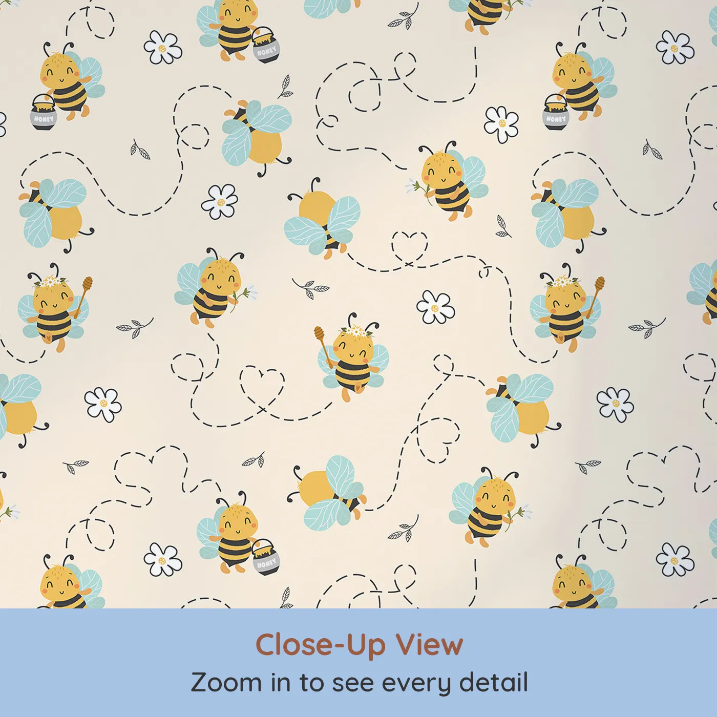 Close-up view of Whimsy Tots' Busy Bees at Play Wallpaper in Sand (W3434C).Friendly bees buzz across a sandy sky, spreading joy and flowers.