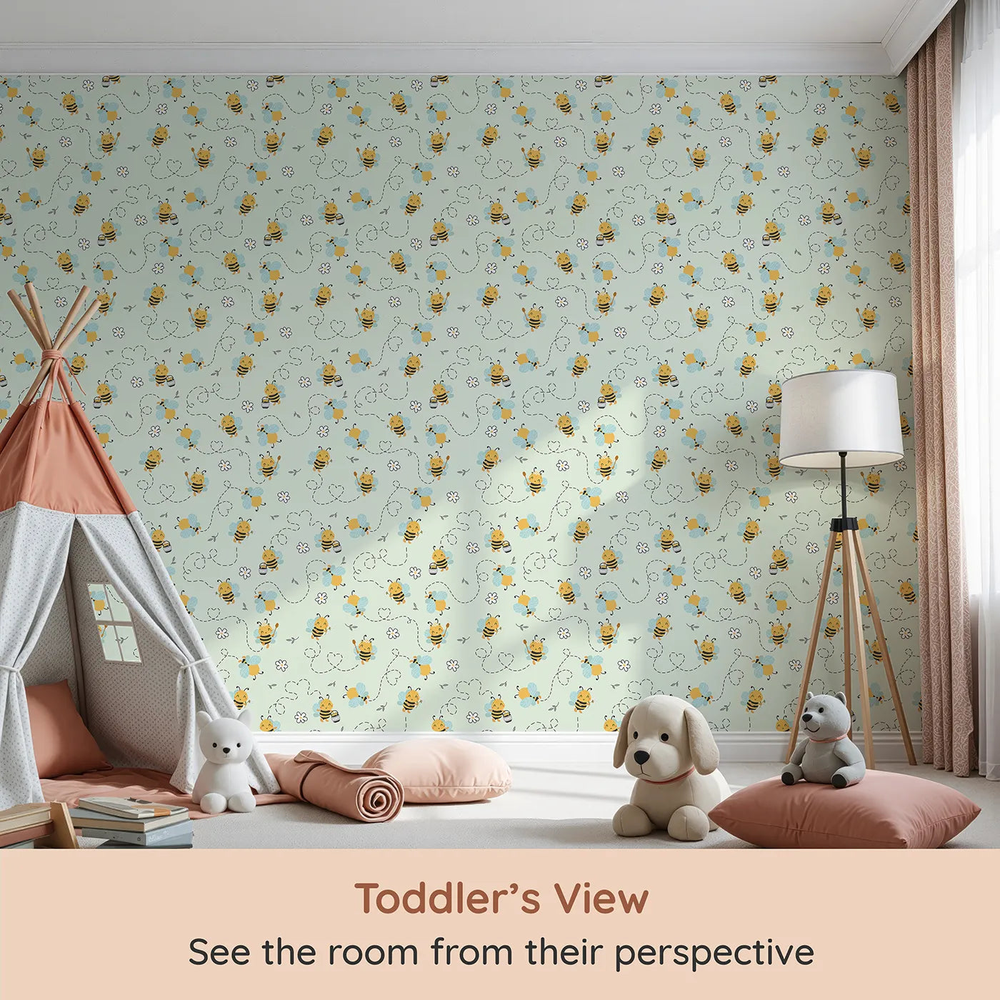 Whimsy Tots Busy Bees at Play Wallpaper in Mint Green (W3434D) from your child's view.Cheerful bees flit across a fresh minty sky, filling the space with sweetness and movement.