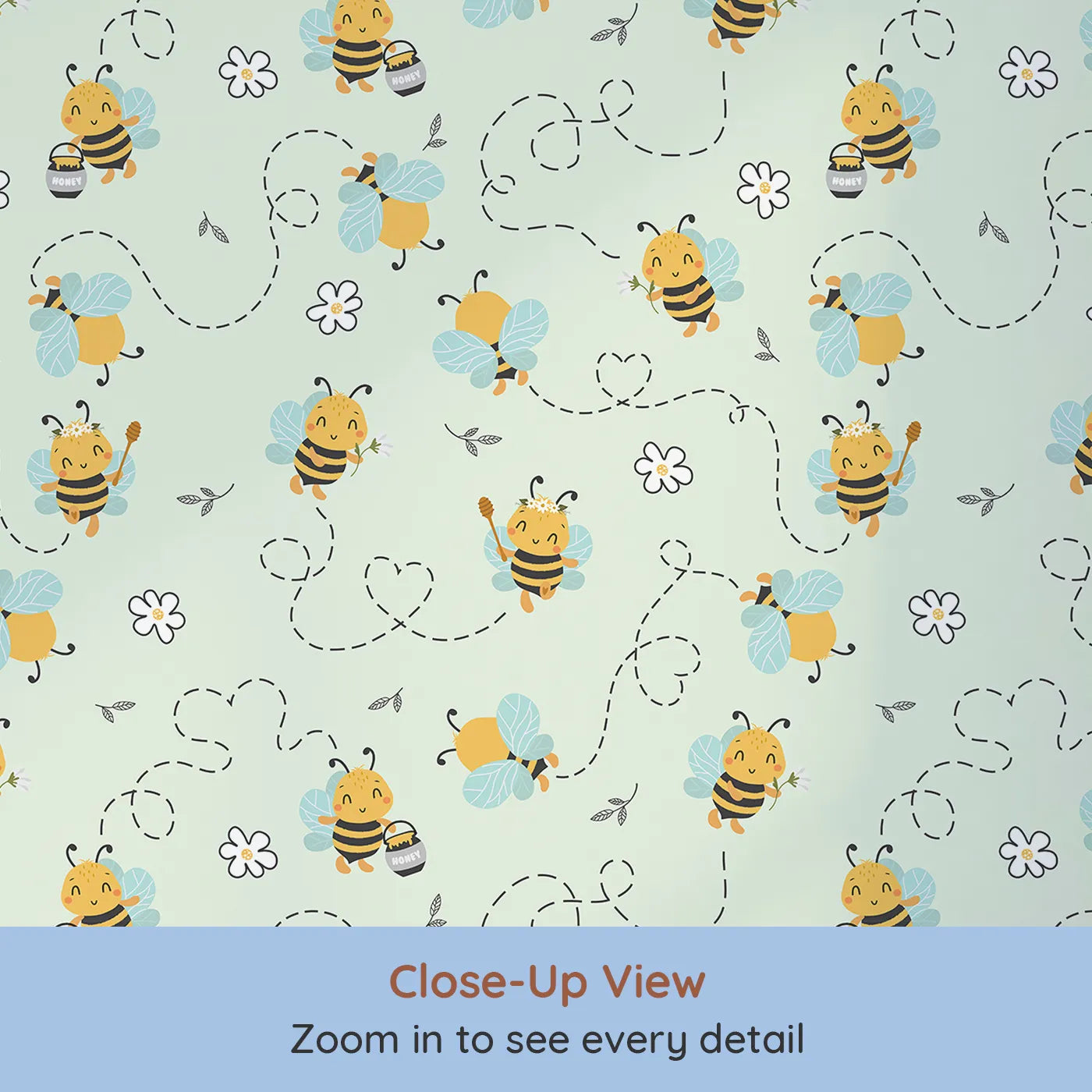 Close-up view of Whimsy Tots' Busy Bees at Play Wallpaper in Mint Green (W3434D).Cheerful bees flit across a fresh minty sky, filling the space with sweetness and movement.