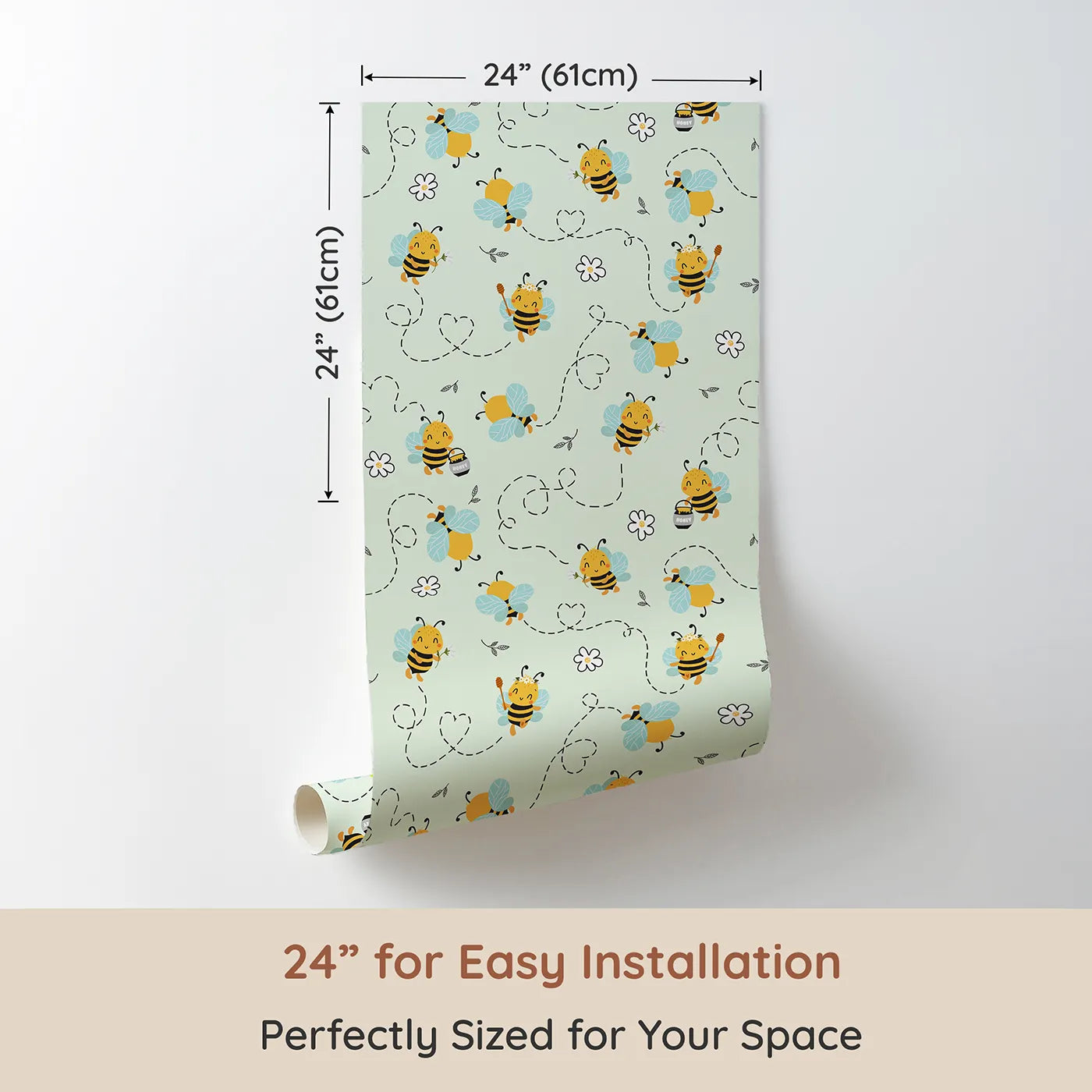 Dimension view of Whimsy Tots Busy Bees at Play Wallpaper in Mint Green (W3434D). Printed in 24-inch-wide panel for easy installation. Cheerful bees flit across a fresh minty sky, filling the space with sweetness and movement.