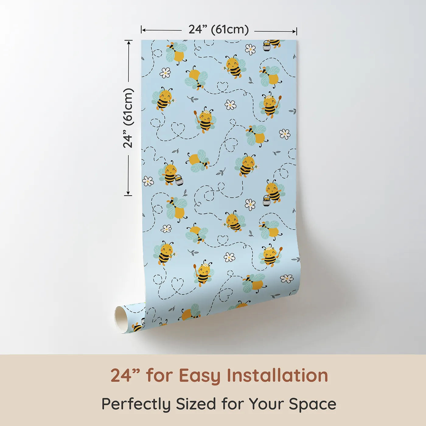 Dimension view of Whimsy Tots Busy Bees at Play Wallpaper in Sky (W3434E). Printed in 24-inch-wide panel for easy installation. Happy bees zoom across a soft blue sky, leaving hearts and flowers in their wake.