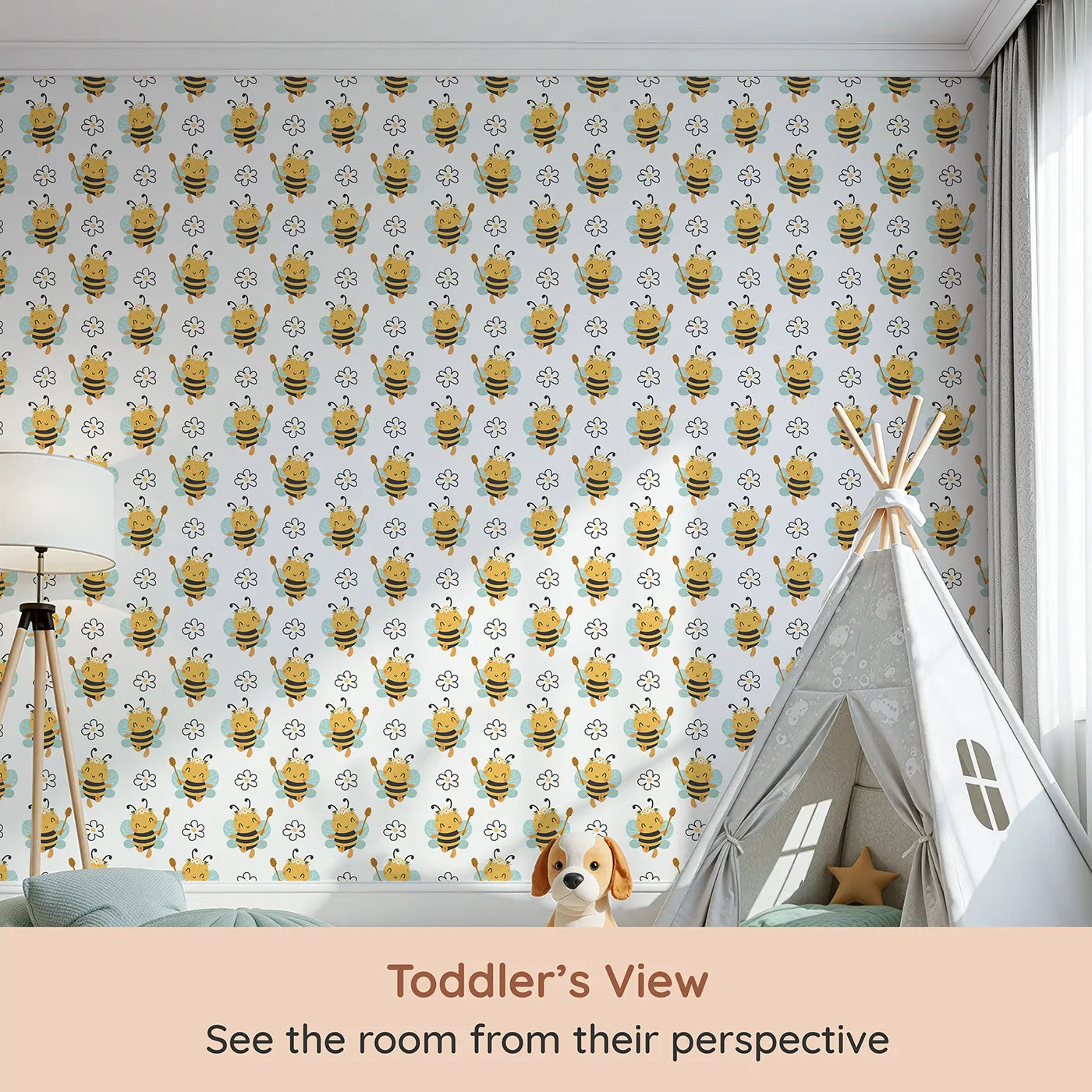 Whimsy Tots Bee Blossom Parade Wallpaper in White (W3435A) from your child's view.Smiling bees with daisy crowns bring cheerful magic to every wall.