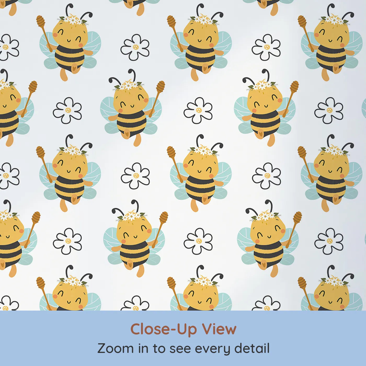 Close-up view of Whimsy Tots' Bee Blossom Parade Wallpaper in White (W3435A).Smiling bees with daisy crowns bring cheerful magic to every wall.