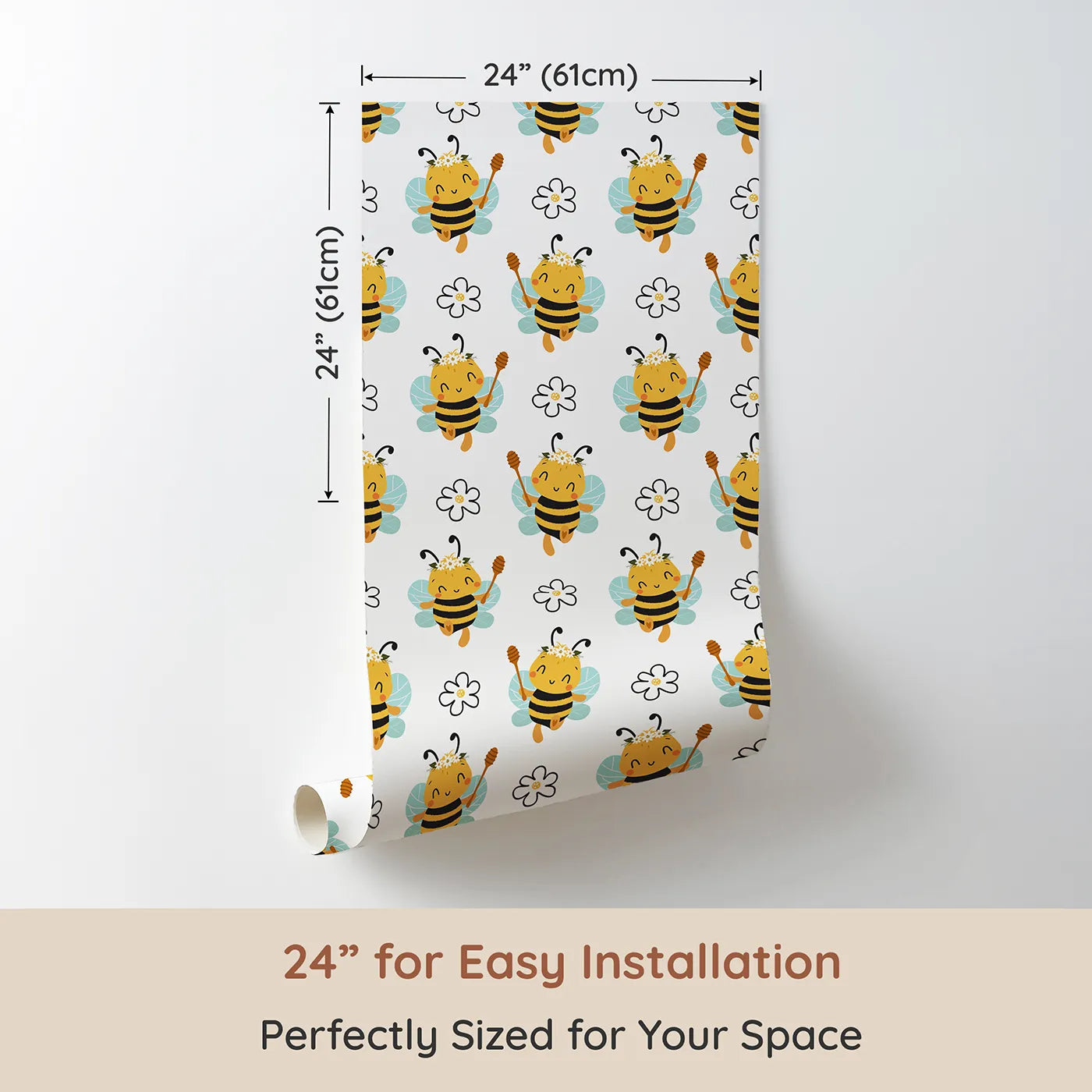 Dimension view of Whimsy Tots Bee Blossom Parade Wallpaper in White (W3435A). Printed in 24-inch-wide panel for easy installation. Smiling bees with daisy crowns bring cheerful magic to every wall.