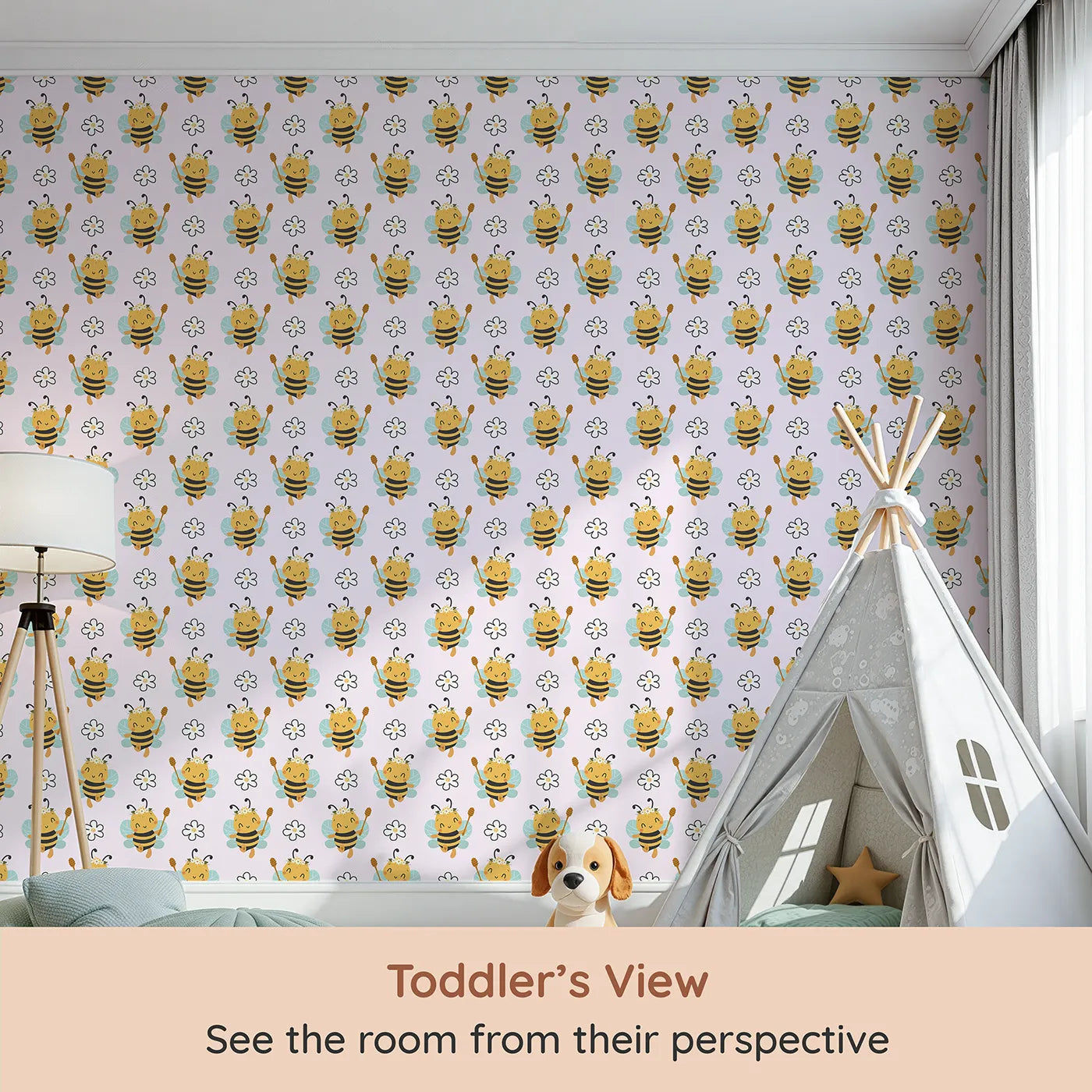 Whimsy Tots Bee Blossom Parade Wallpaper in Blush Pink (W3435B) from your child's view.Crowned bees and happy flowers float across a soft pink sky.