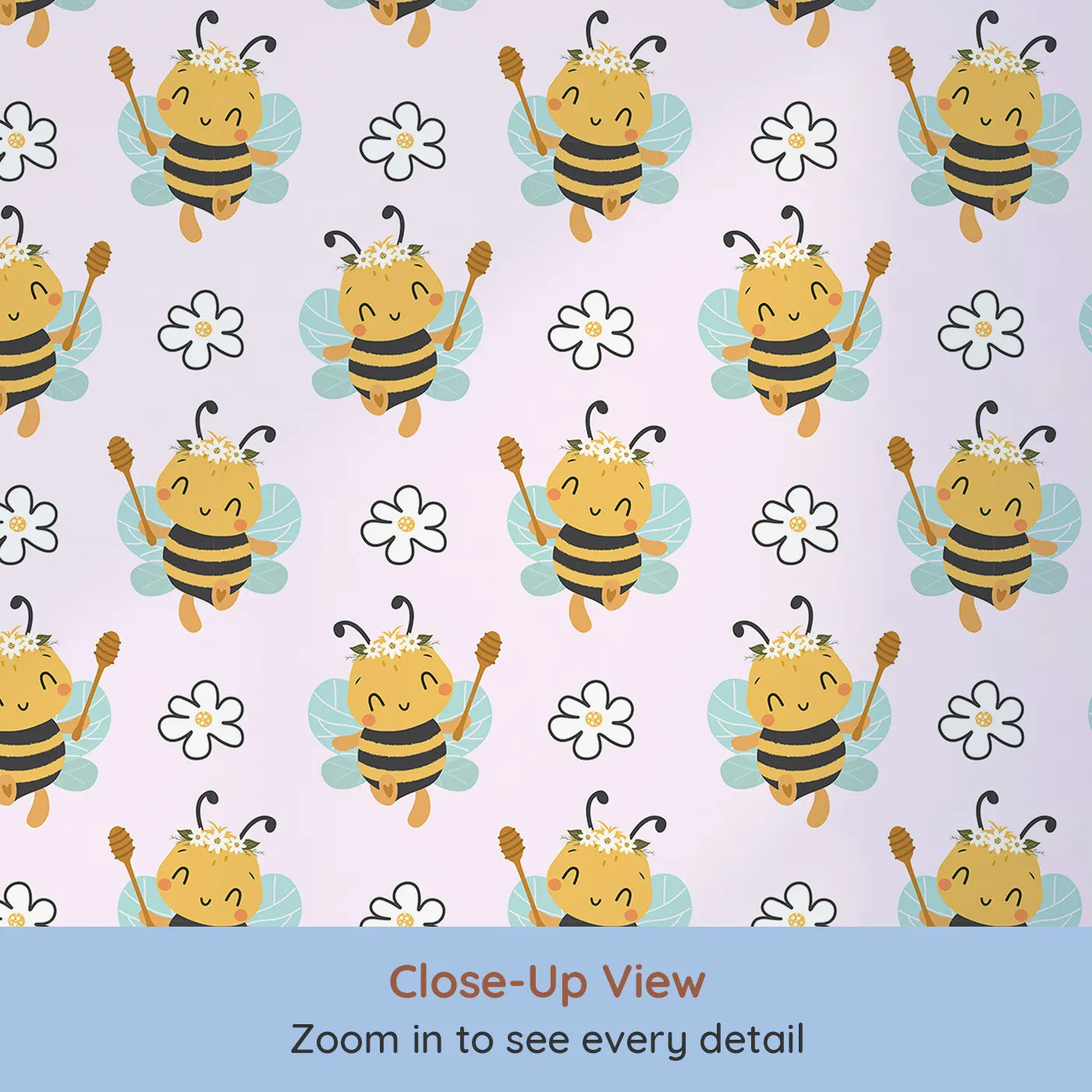 Close-up view of Whimsy Tots' Bee Blossom Parade Wallpaper in Blush Pink (W3435B).Crowned bees and happy flowers float across a soft pink sky.