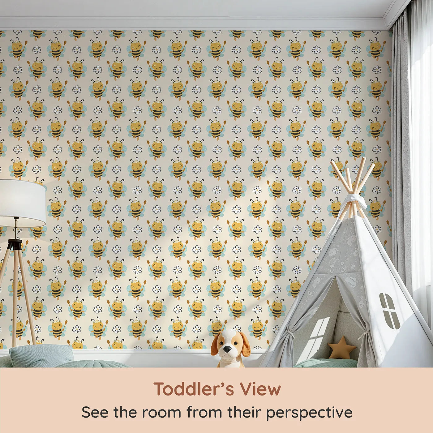 Whimsy Tots Bee Blossom Parade Wallpaper in Sand (W3435C) from your child's view.Flower-crowned bees float sweetly across a warm sandy sky.