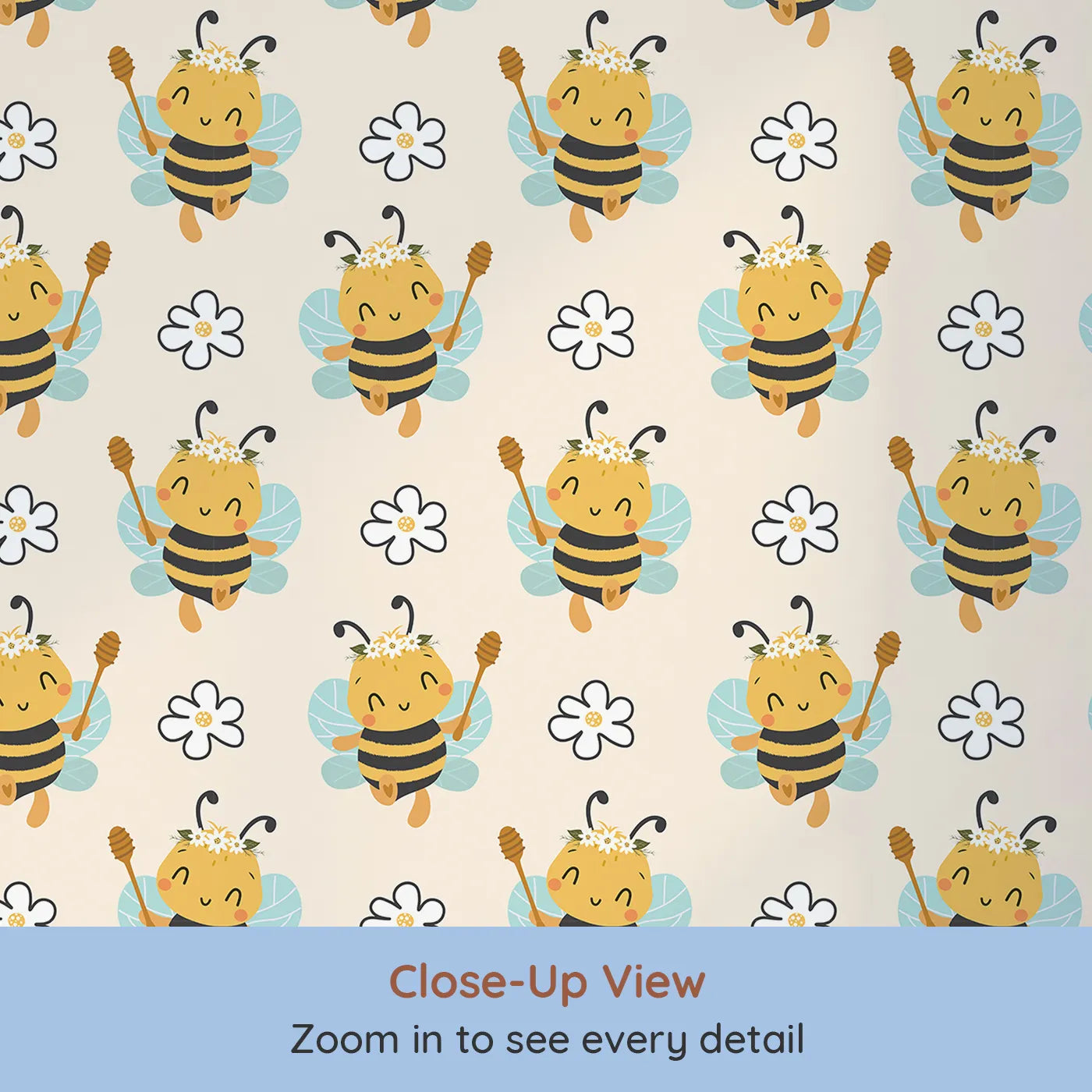 Close-up view of Whimsy Tots' Bee Blossom Parade Wallpaper in Sand (W3435C).Flower-crowned bees float sweetly across a warm sandy sky.