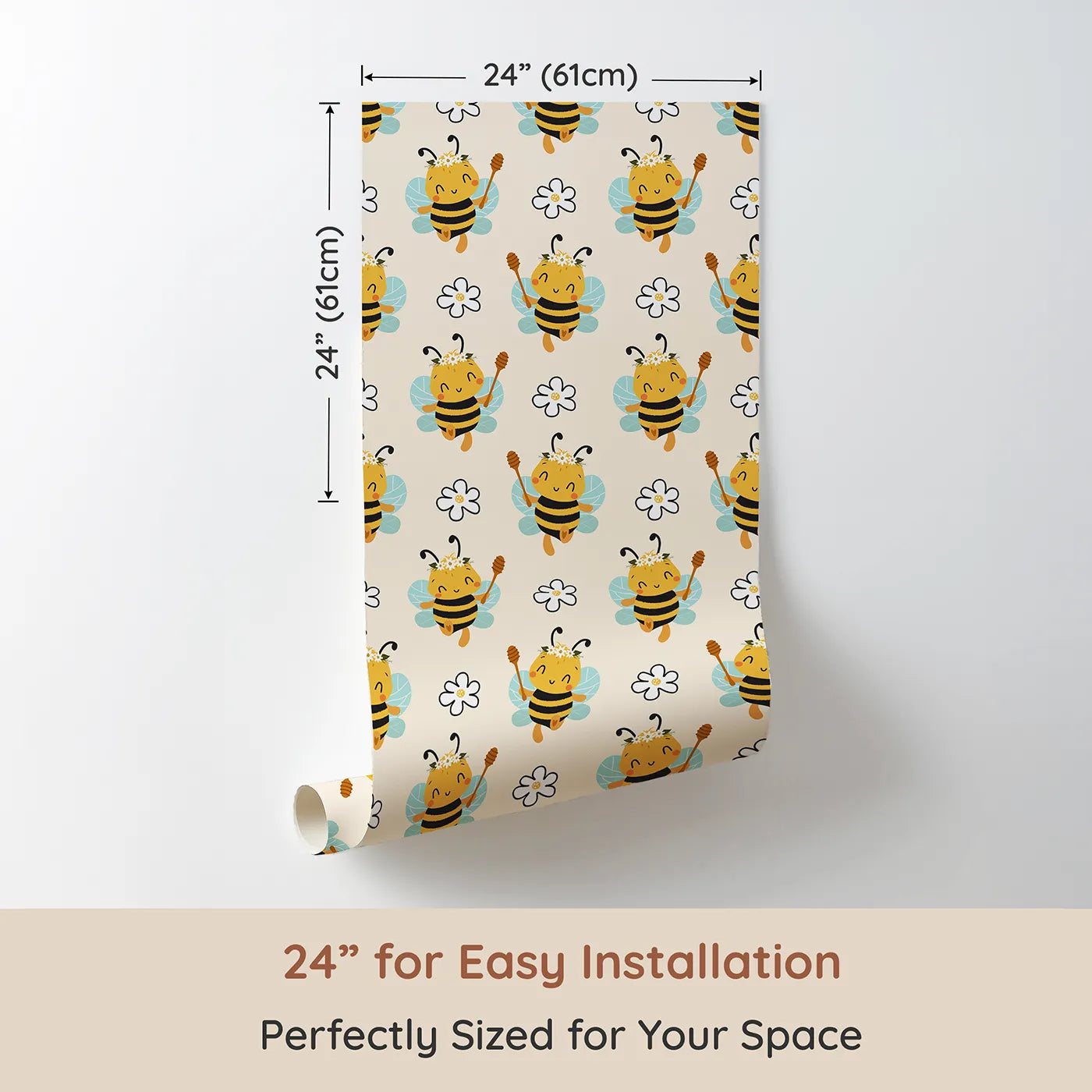 Dimension view of Whimsy Tots Bee Blossom Parade Wallpaper in Sand (W3435C). Printed in 24-inch-wide panel for easy installation. Flower-crowned bees float sweetly across a warm sandy sky.