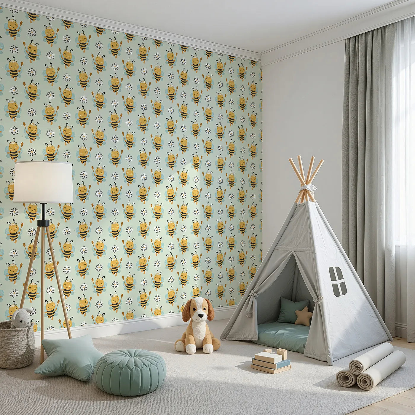 Angled view of Whimsy Tots' Bee Blossom Parade Wallpaper in Mint Green (W3435D).Crowned bees float among soft blooms across a minty green sky.