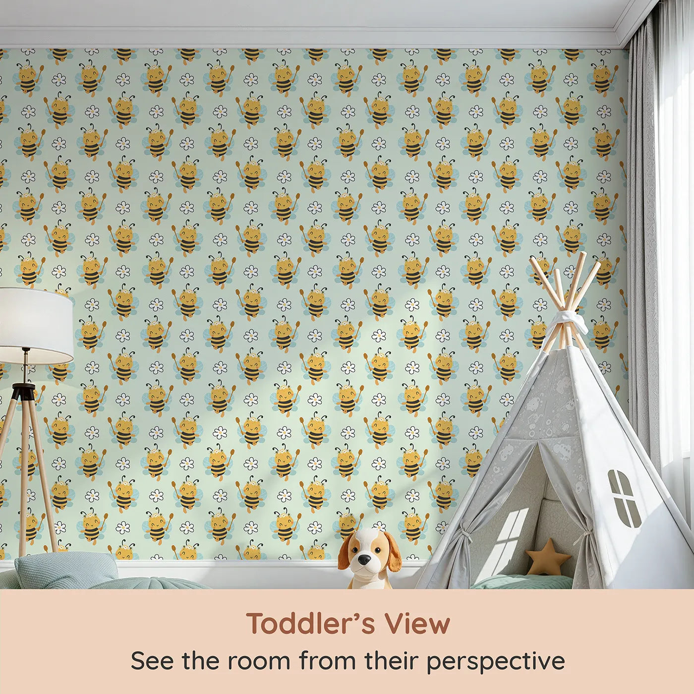 Whimsy Tots Bee Blossom Parade Wallpaper in Mint Green (W3435D) from your child's view.Crowned bees float among soft blooms across a minty green sky.