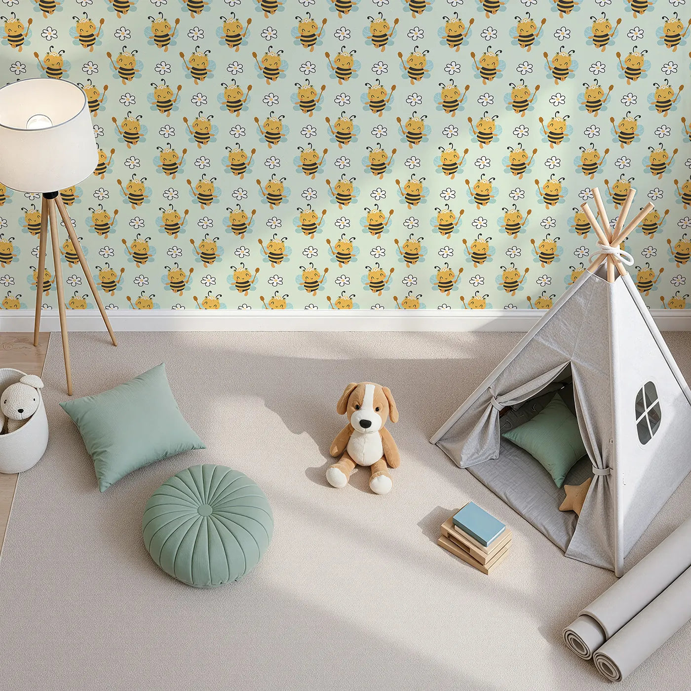 Top-Down view of Whimsy Tots' Bee Blossom Parade Wallpaper in Mint Green (W3435D).Crowned bees float among soft blooms across a minty green sky.