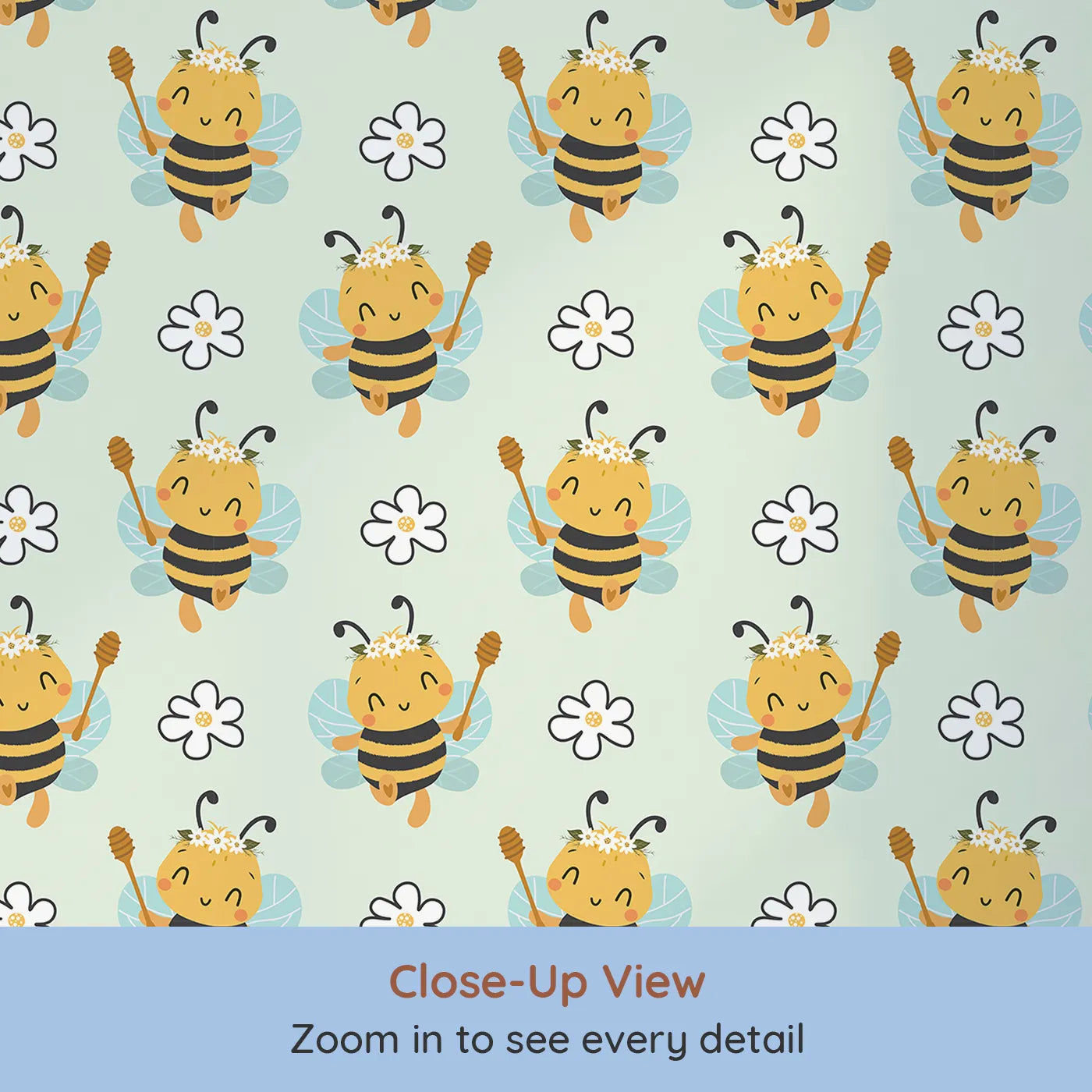 Close-up view of Whimsy Tots' Bee Blossom Parade Wallpaper in Mint Green (W3435D).Crowned bees float among soft blooms across a minty green sky.