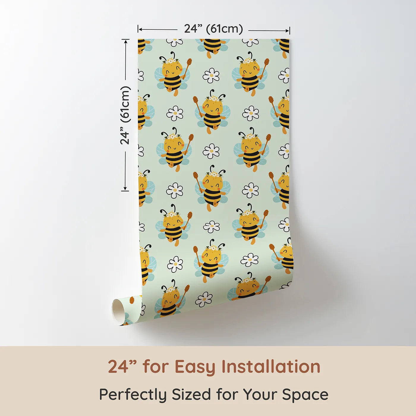 Dimension view of Whimsy Tots Bee Blossom Parade Wallpaper in Mint Green (W3435D). Printed in 24-inch-wide panel for easy installation. Crowned bees float among soft blooms across a minty green sky.