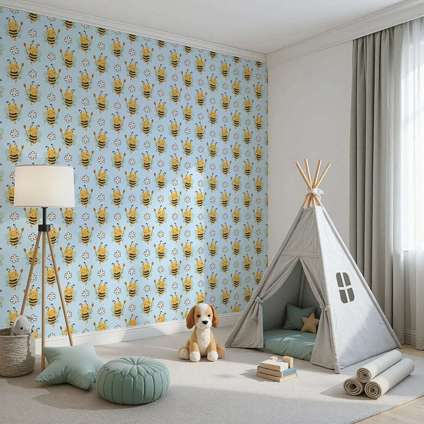 Angled view of Whimsy Tots' Bee Blossom Parade Wallpaper in Sky (W3435E).Daisy-crowned bees float sweetly through a soft blue sky of joy.